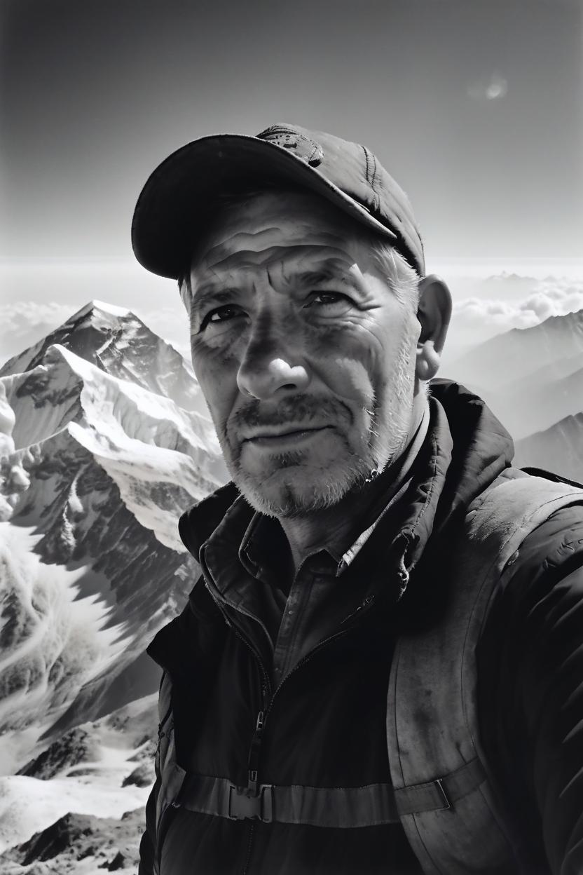 Artificial Intelligence (AI) generated image art, man, old b&w photo, (((film grain))), on Mount Everest, photorealistic, 4k, grain