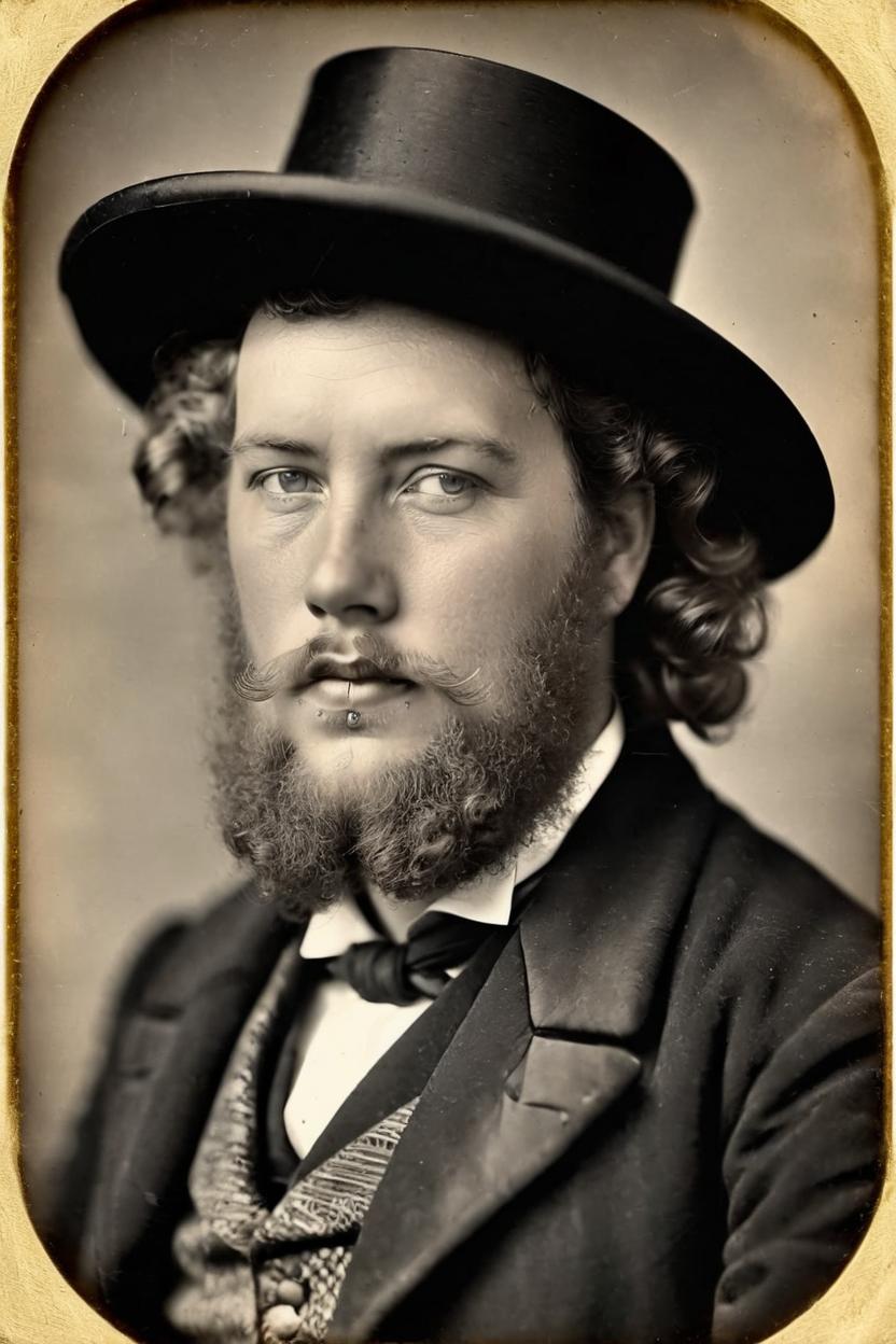 Artificial Intelligence (AI) generated image art, man, victorian gentleman with a cigarette a big curly mustache and beard, (1800s-1900s) photography, sepia/b&w, with top hat and frock coat, (Daguerreotype portrait), Grainy.