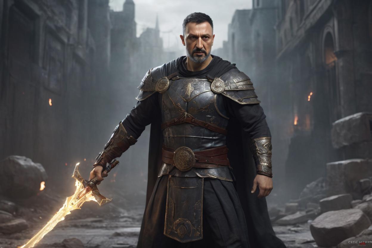Artificial Intelligence (AI) generated image art, portrait of man as a battle hardened hero, dark, vitruvian man, art by greg rutkowski, detailed, matte painting, trending on artstation