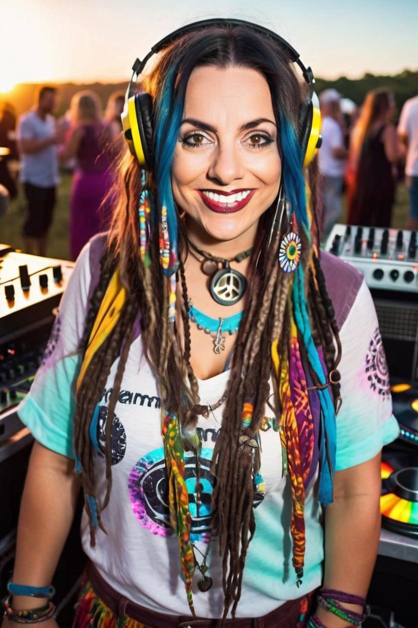 Artificial Intelligence (AI) generated image art, Beautiful woman, portrait, with coliurful dreadlocks hairstyle, hippie clothes, as a dj, in open air music event, sunset, stunning photograph