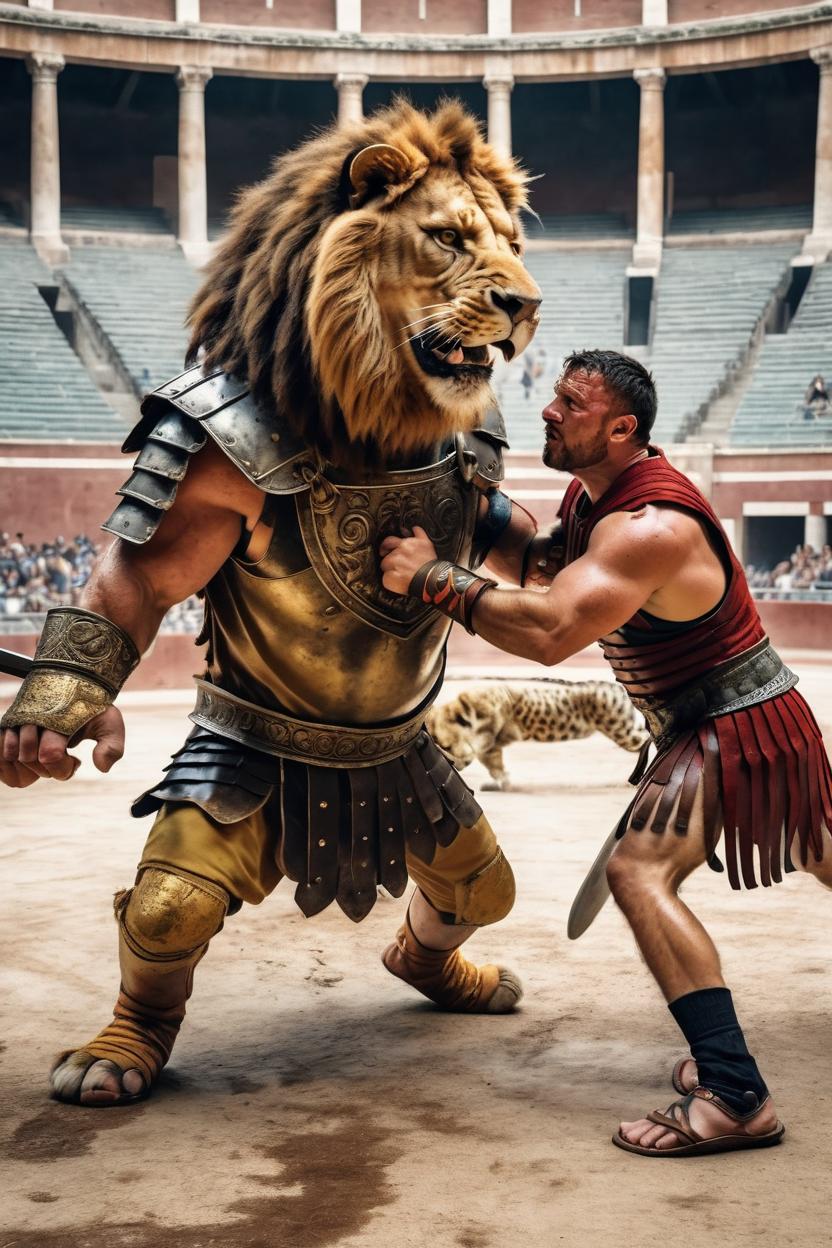 Artificial Intelligence (AI) generated image art, man, as a roman gladiator fighting a lion in the coliseum. Sweaty and stark photorealism
