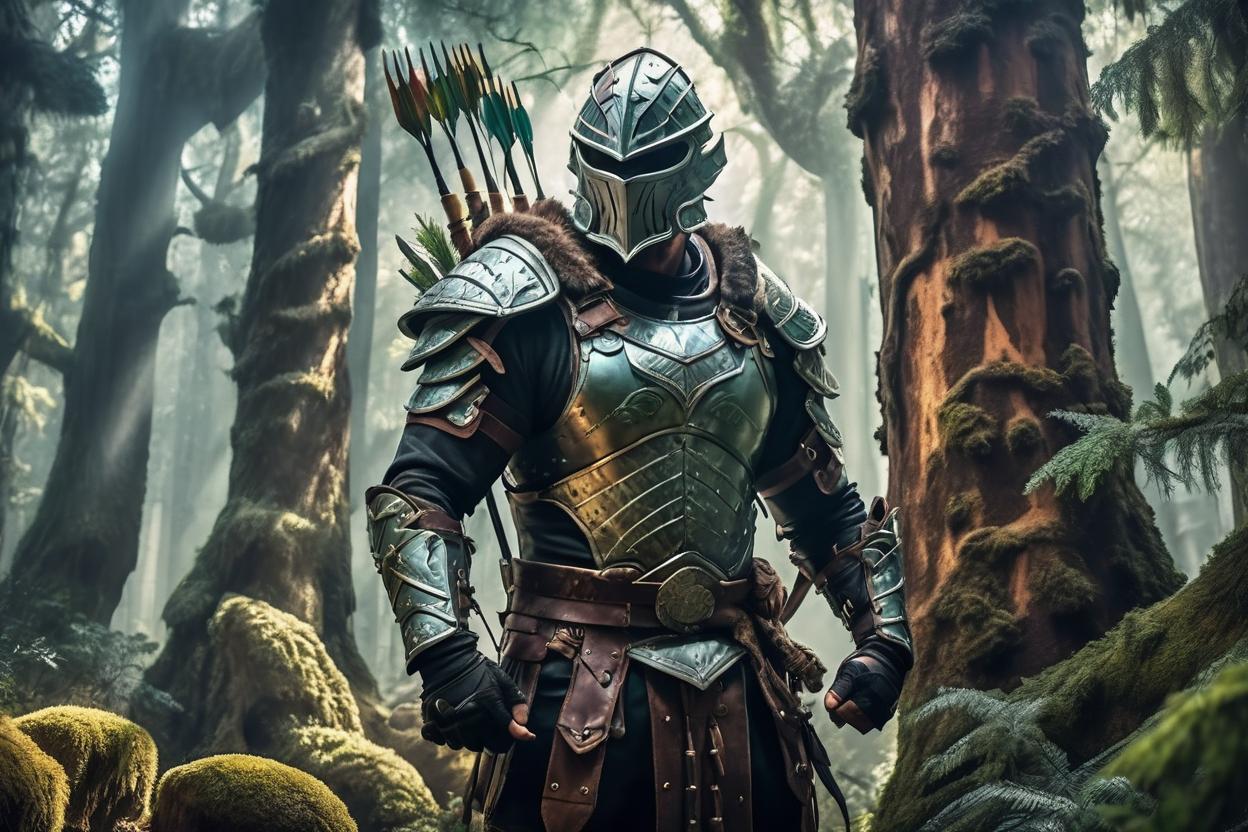 Artificial Intelligence (AI) generated image art, man, an athletic and armored ranger archer, in ballistic and leather armor, protecting an enchanted forest. The scene is filled with towering ancient trees and mystical creatures