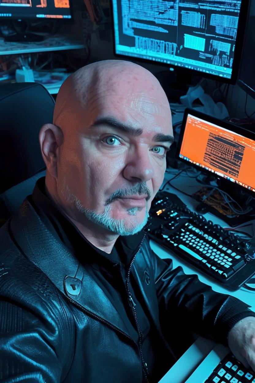 Artificial Intelligence (AI) generated image art, (man portrait), bald man, average built, futuristic cyberpunk hacker, in a hackers den with multiple monitors and keyboards, writing code on a keyboard, code running on all monitors, digital painting, cinematic lighting, sharp focus
