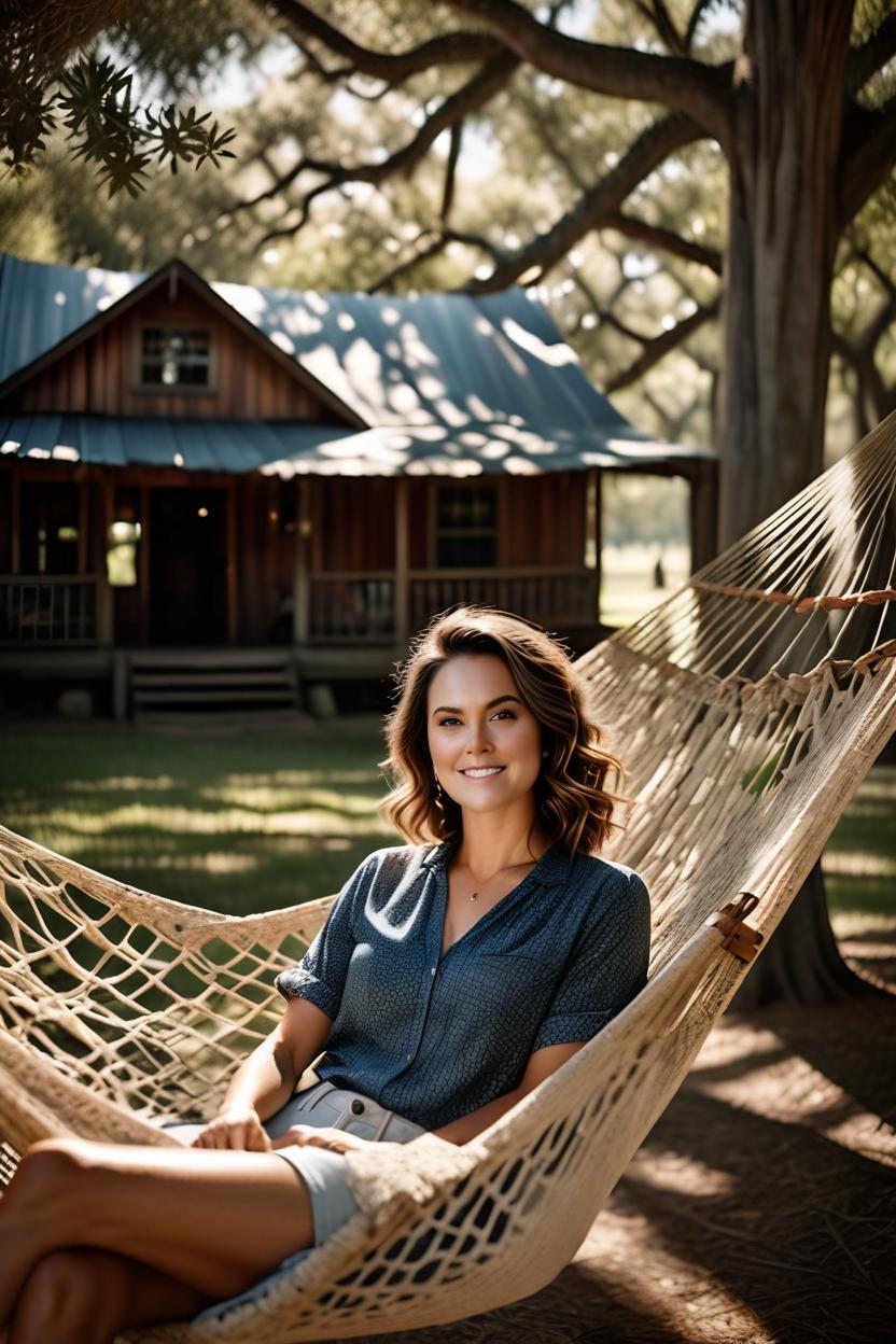 Artificial Intelligence (AI) generated image art, woman, portrait, Shot on Hasselblad H6D-400c lens, ultra high definition, ultra-realism, ultra realistic. woman napping in a hammock in the shade. Hammock is strung between two mighty oak trees. There is a wooden cabin in the background