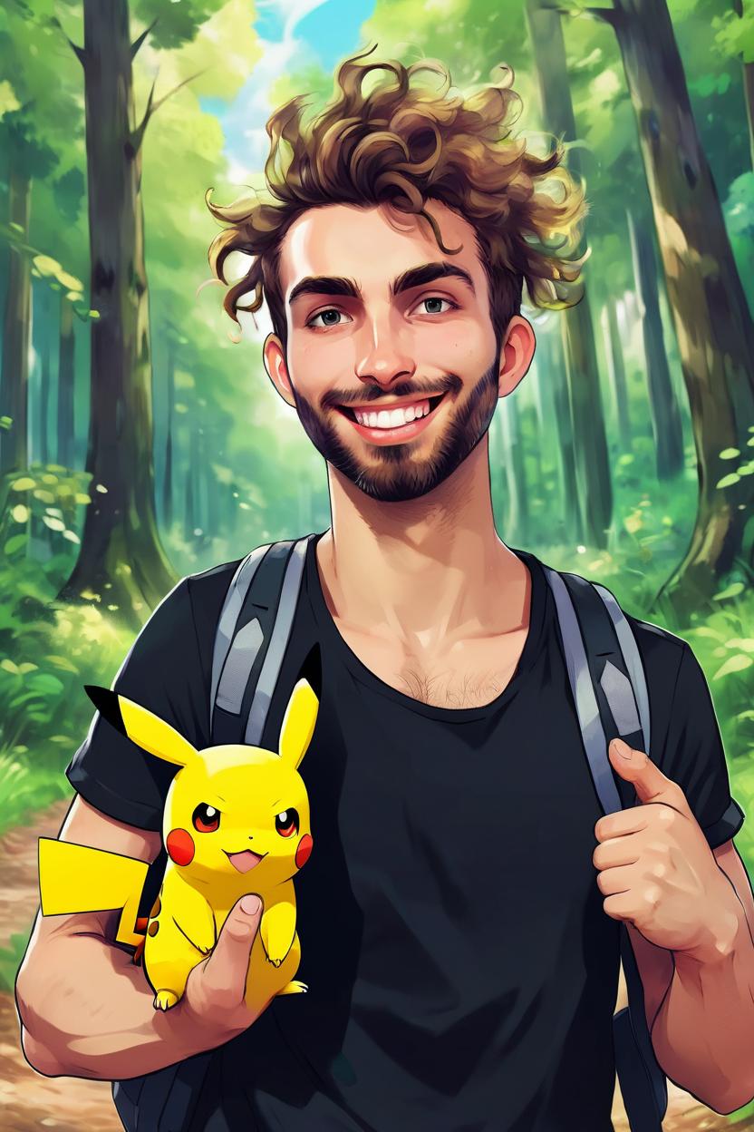Artificial Intelligence (AI) generated image art, man, as a handsome pokemon trainer, travelling through a forest, holding his pokemon Pikachu with one arm, looking excited, ((art by artgerm)), ((anime art))