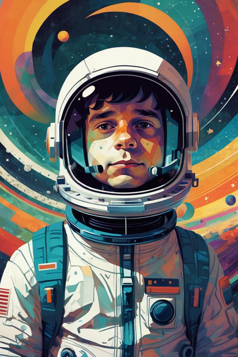 Artificial Intelligence (AI) generated image art, man, ( ( dither ) ), editorial illustration young astronaut man in space, modern art deco, colorful, ( ( mads berg ) ), christopher balaskas, victo ngai, rich grainy texture, detailed, dynamic composition, wide angle, moebius, matte print