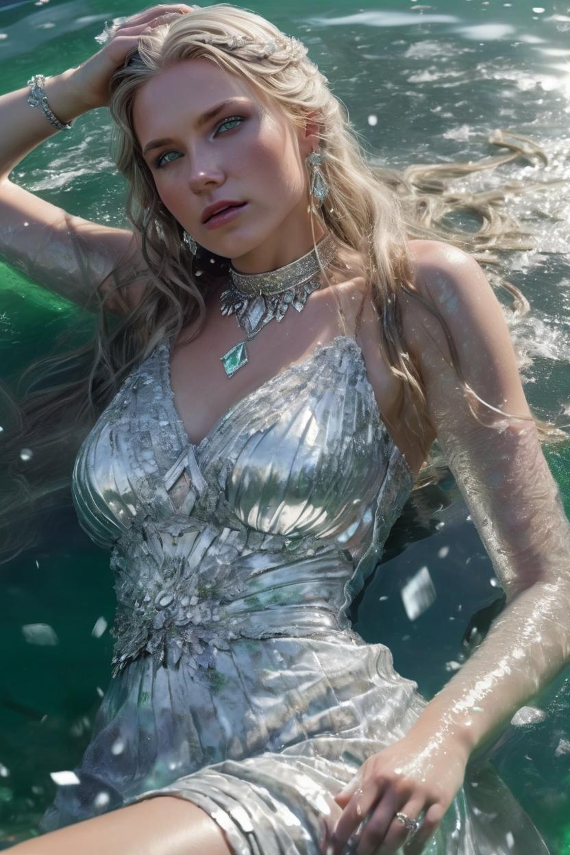 Artificial Intelligence (AI) generated image art, woman laying in water with white long hair, silver dress, silver choker, crystal clear ice, bright glitter, (highly detailed 1.3), 16-bit pixel realistic art, HDR, ultra-detailed, (highres 1.1), best quality, (masterpiece 1.3), cinematic lighting, portrait, green eyes