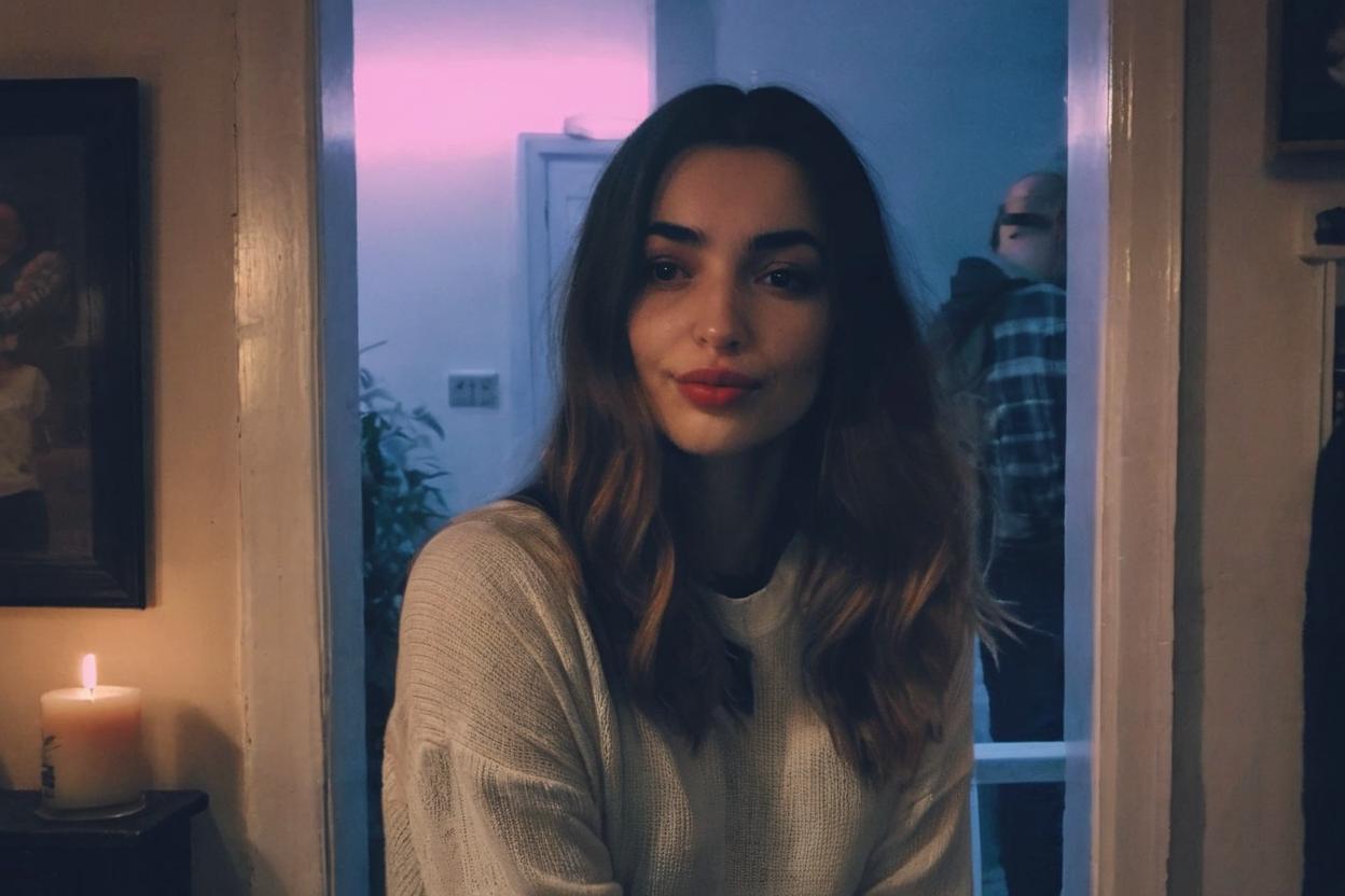 Artificial Intelligence (AI) generated image art, woman, Depict a tense and intimate moment in a dimly lit living room. The setting is cozy, with a few candles casting a soft, warm glow around the room. A woman, in her late twenties, with long, wavy brunette hair and wearing a casual yet flattering outfit—a fitted sweater and jeans—stands close to a man in his late twenties with short dark hair, wearing a simple t-shirt and jeans. Her expression is playful and daring, her lips slightly parted as she leans in close, her hand gently resting on his arm. She's looking up at him with a mix of mischief and desire, her body language clearly signaling she wants a kiss. In the background, through an open doorway, the faint silhouette of her boyfriend can be seen in another room, oblivious to what's happening. The atmosphere is filled with tension and temptation, as the woman tries to draw the man into a secret, stolen moment.