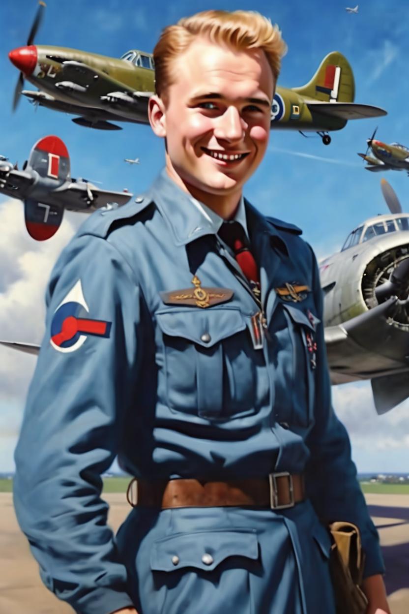 Artificial Intelligence (AI) generated image art, man,(portrait), ((((torso)))), 1940s WAC, royal airforce pilot, adventure, pulp novel, WWII propaganda, he is smiling, he is 26 years old, blue eyes, blonde short spiky hair, he is wearing the royal Airforce uniform, behind him flying in the background are military planes like the supermarine spitfire and other WW2 military aircraft flying overhead, art by Greg Rutkowsi, highly detailed, sharp focus, 4k, b-17 flying fortress background