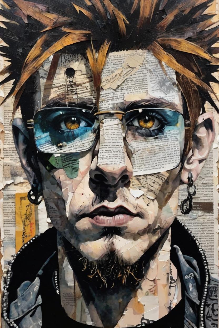 Artificial Intelligence (AI) generated image art, man, detailed analogue mixed media collage with canvas texture in style of contemporary art, punk art, hyperrealistic punk with hazel brown eyes, tortured poet, photorealistic, expressionism, masterpiece, perfect composition, spectacular quality, intricate oil details, vivid broken glass, torn paper, magazine pages