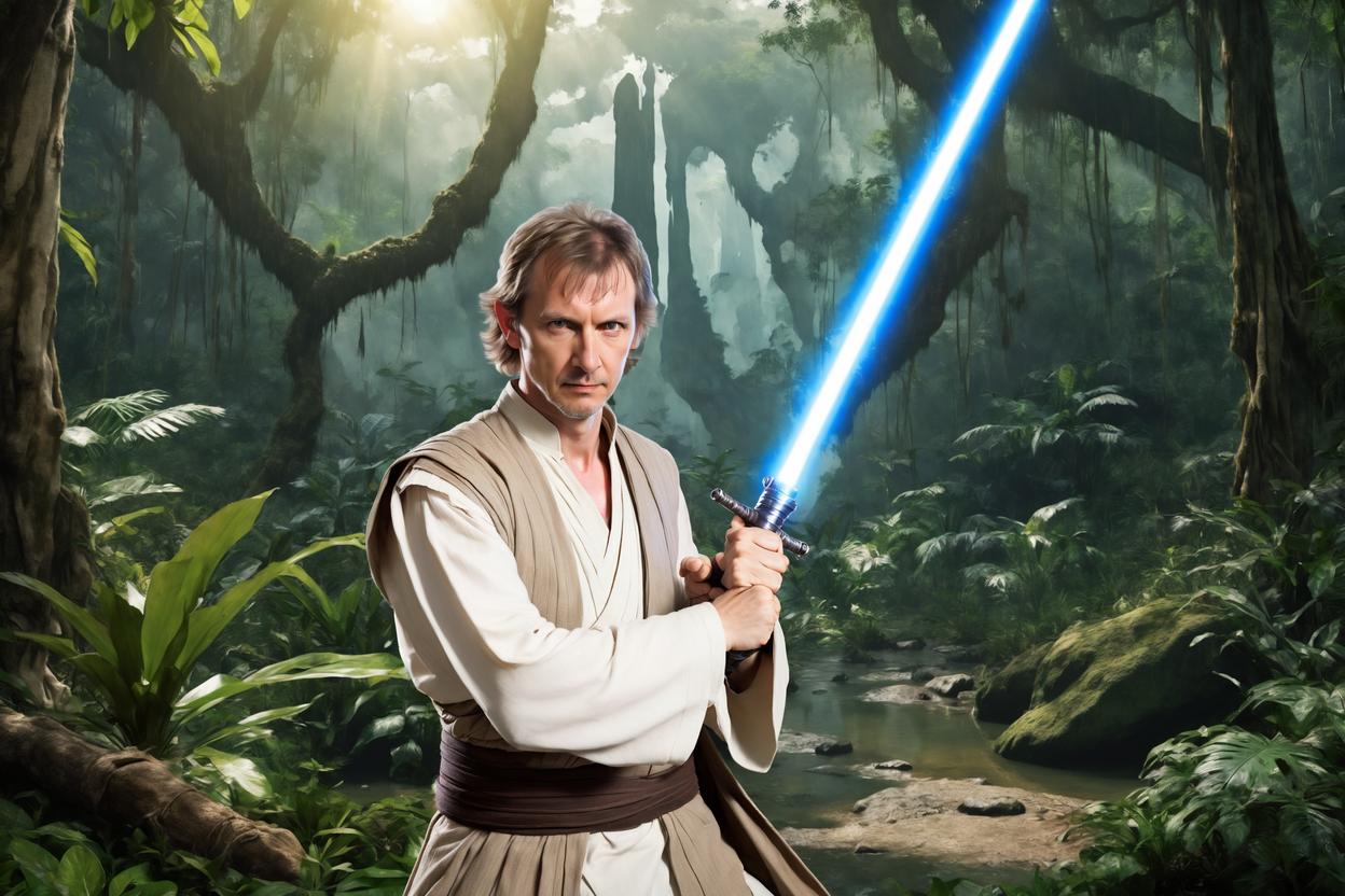 Artificial Intelligence (AI) generated image art, man as Jedi knight in a fighting pose, wearing traditional Jedi clothes, with jungle background.