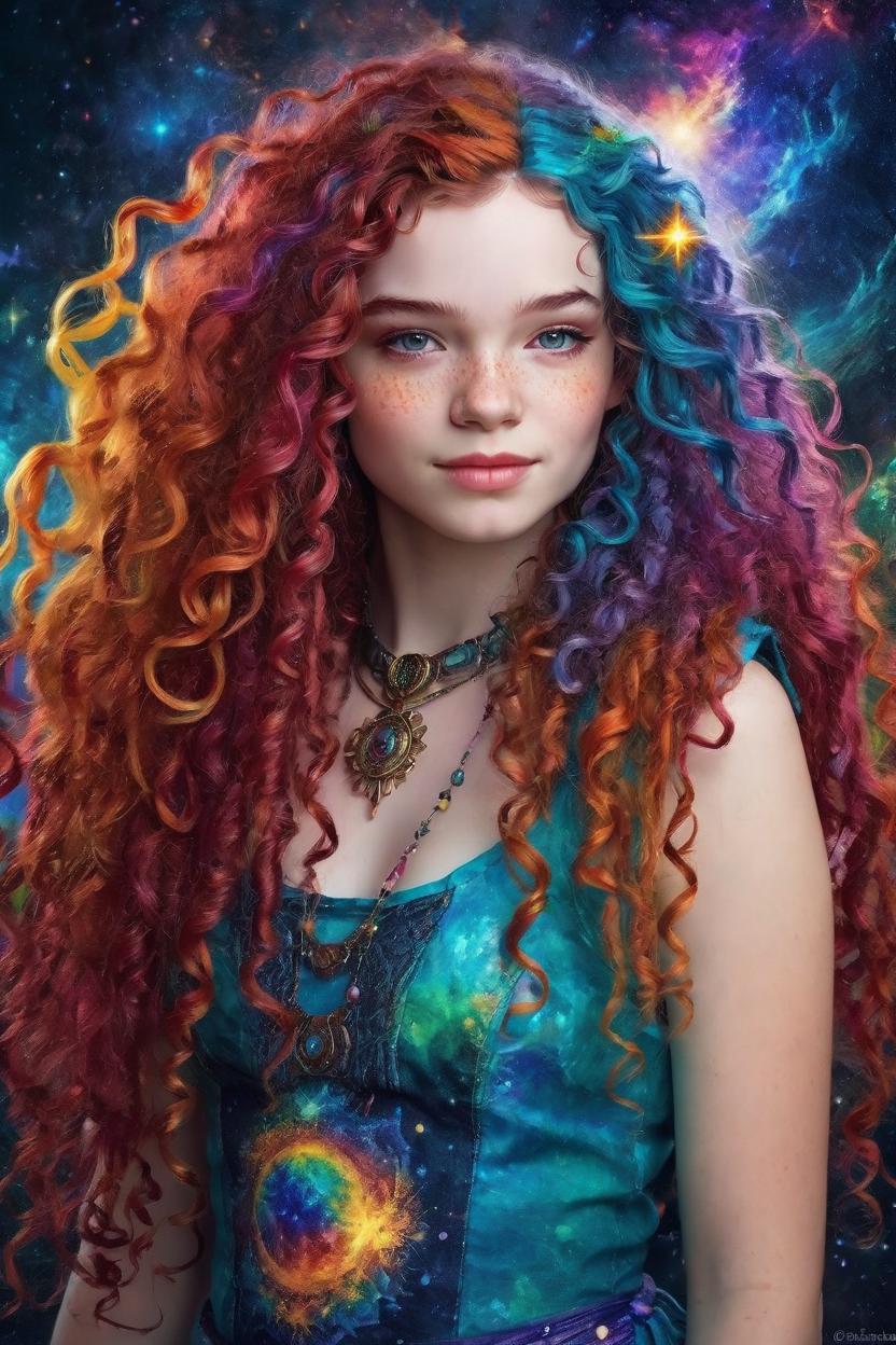 Artificial Intelligence (AI) generated image art, woman, beautiful young lady, fantasy art in the style of Kinuko Y. Craft Goddess of the Universe. Colorful and vivid. Long curly hair, freckles.