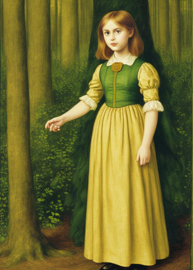 Artificial Intelligence (AI) generated image art, person as an oil painting by Dante Gabriel Rossetti, full body, in a forest, highly detailed, vivid colours, she is 9 years old, pale yellow dress, short sandy blonde hair, innocent looking, curious, cute, lively forest behind her