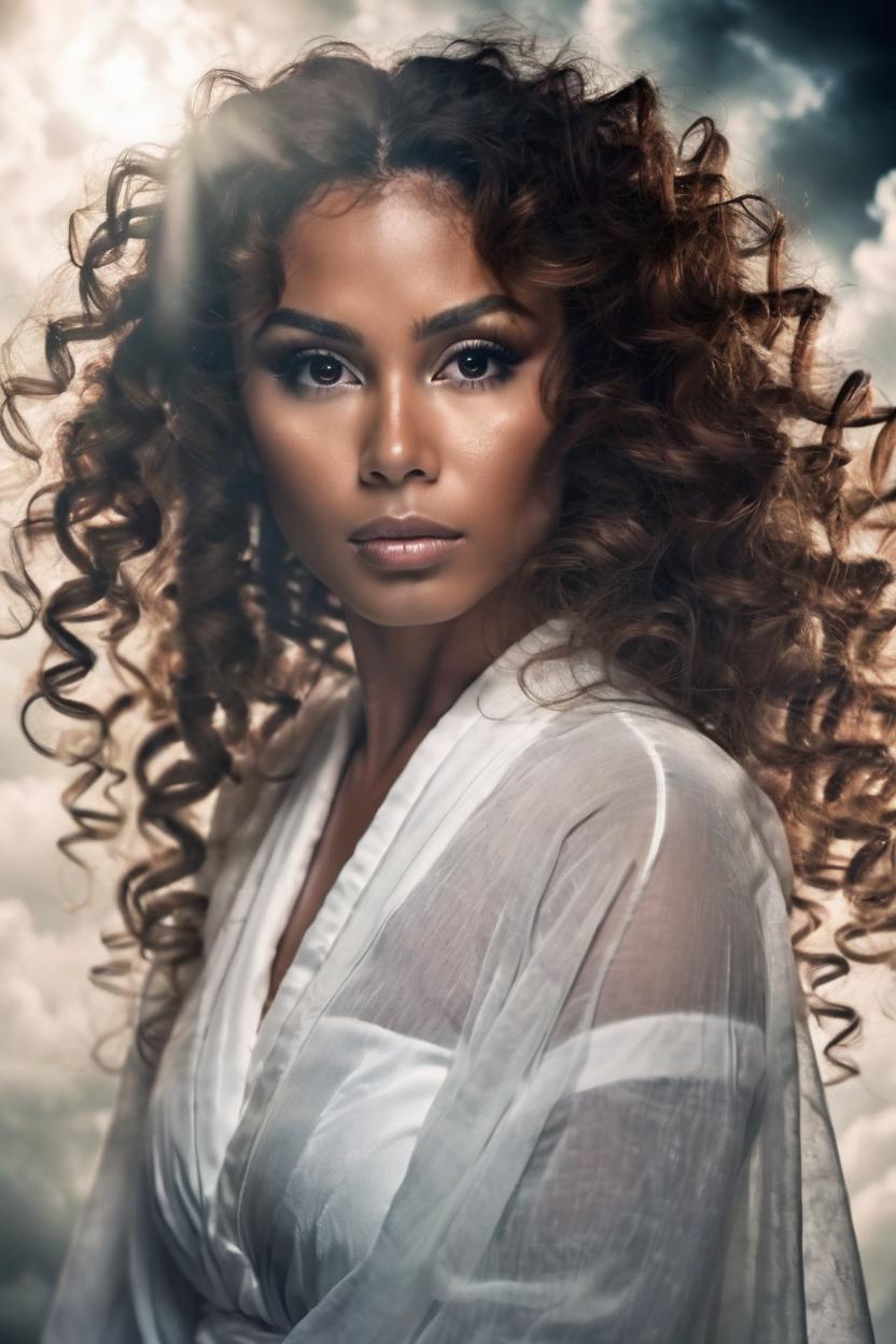 Artificial Intelligence (AI) generated image art, woman, The award-winning international photograph captures the image of a beautiful ghostly woman with tan skin, brown eyes, and very big very curly hair. Wearing flowing white robes. Her big brown eyes long eyelashes reflect a tender and deep gaze as she ascends into heaven. The photograph, taken with a Canon 50mm lens, shows a dramatic clouded sky blurred in the background, further highlighting the beauty of the model. Every detail of the image is optimized to the fullest, making this photograph a masterpiece that conveys a sense of delicacy and strength at the same time. amazing