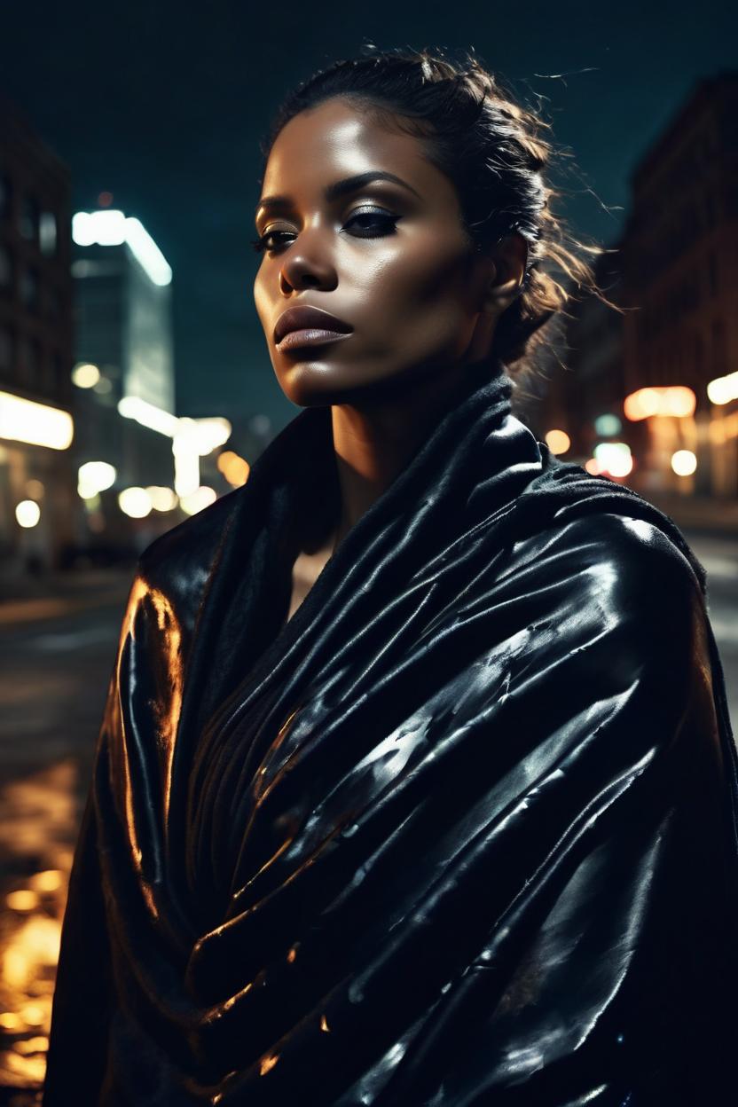 Artificial Intelligence (AI) generated image art, woman, beautiful female body silhouette, beautiful portrait, photography by amy leibowitz and filip fedorov, black blanket in wind, black leather, urban city photography, close up portrait, cinematic still, film still, magic hour, dark mood, fashion portrait, cold colors, sony, kodak, long exposure, art noveau painting, liquid marble fluid painting, realistic