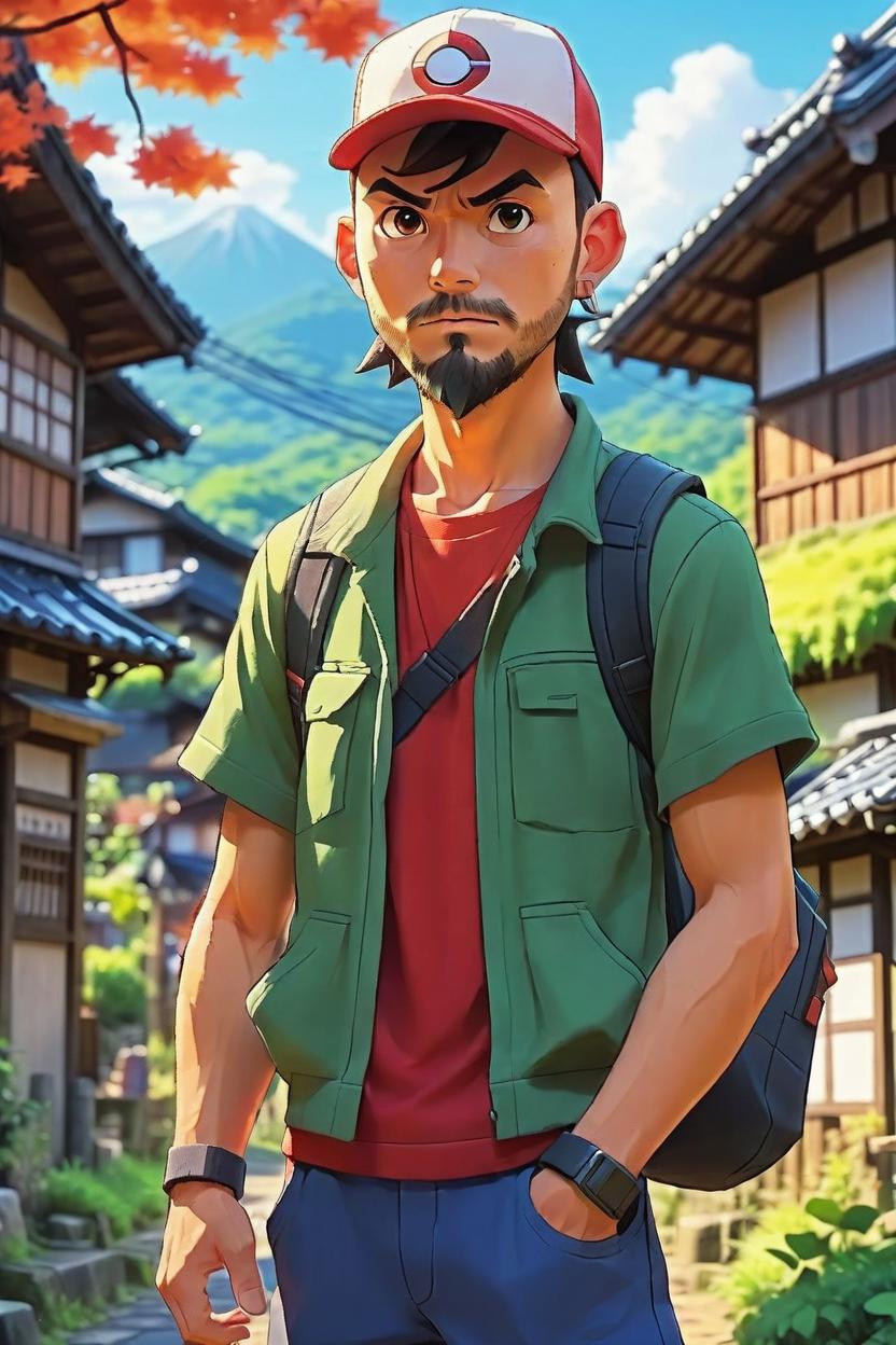 Artificial Intelligence (AI) generated image art, (((pokemon trainer cartoon character))), ((man)), illustration, in small japan village, sharp focus, deep colours, art by Akira Egawa,4k, Anime