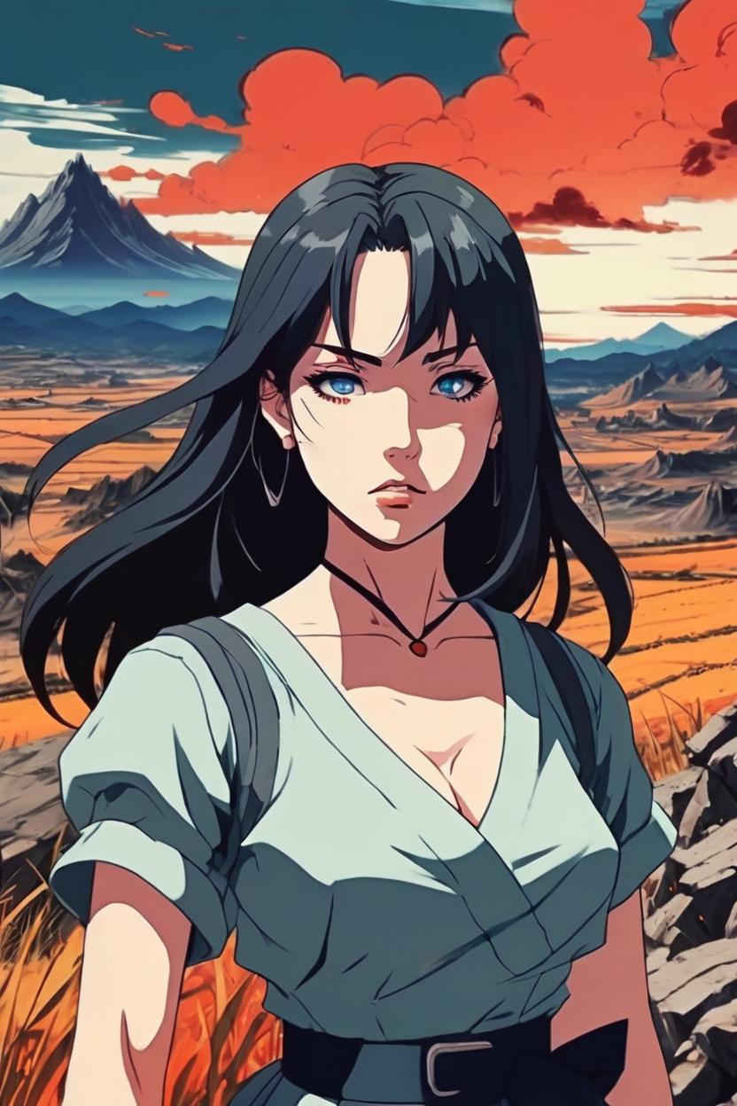 Artificial Intelligence (AI) generated image art, 90s anime style painting of woman, hellish landscape