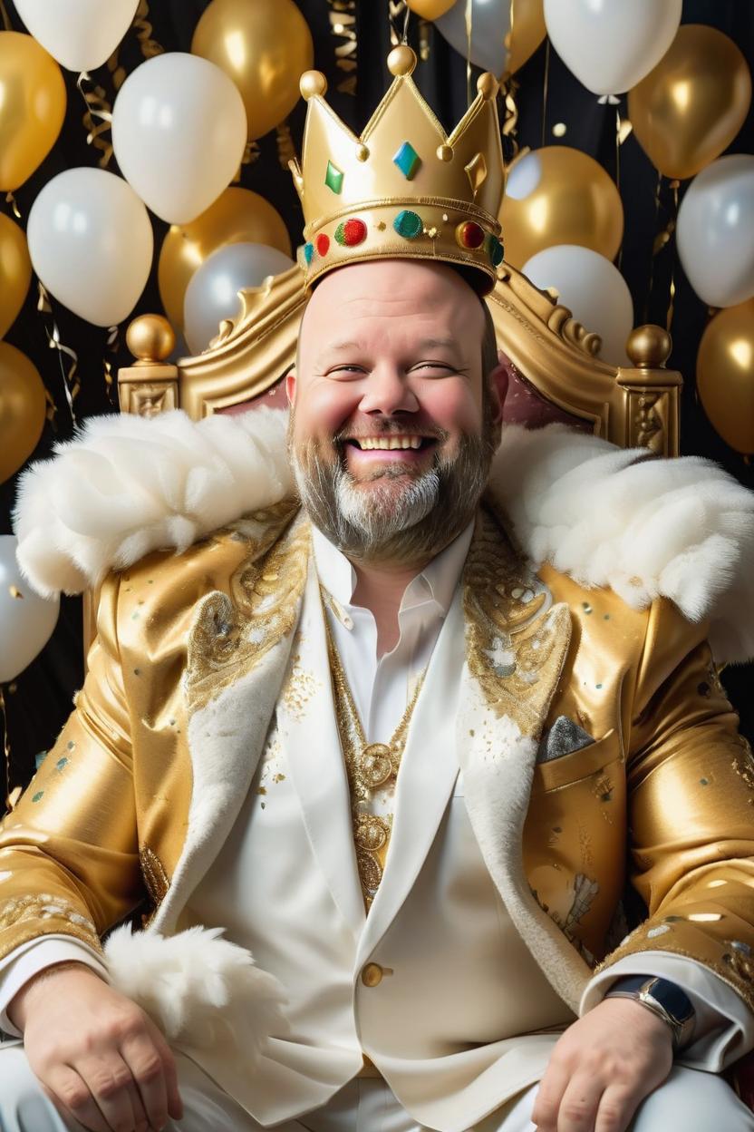 Artificial Intelligence (AI) generated image art, man, profile picture as a regal yet festive 'Birthday King' sitting on a luxurious throne, wearing a majestic gold crown with balloons and confetti subtly incorporated into the design. He dons a royal cape with a rich velvet texture, trimmed in white fur, over a stylish modern suit or a royal robe with gold embroidery. His expression is confident and joyful, exuding celebration and charisma. The background features a grand throne room with a fun, celebratory atmosphere—subtle balloons, streamers, and warm golden lighting adding a festive yet regal vibe. The portrait is hyper-realistic with cinematic lighting, blending power and playfulness to capture the essence of a true 'Birthday King