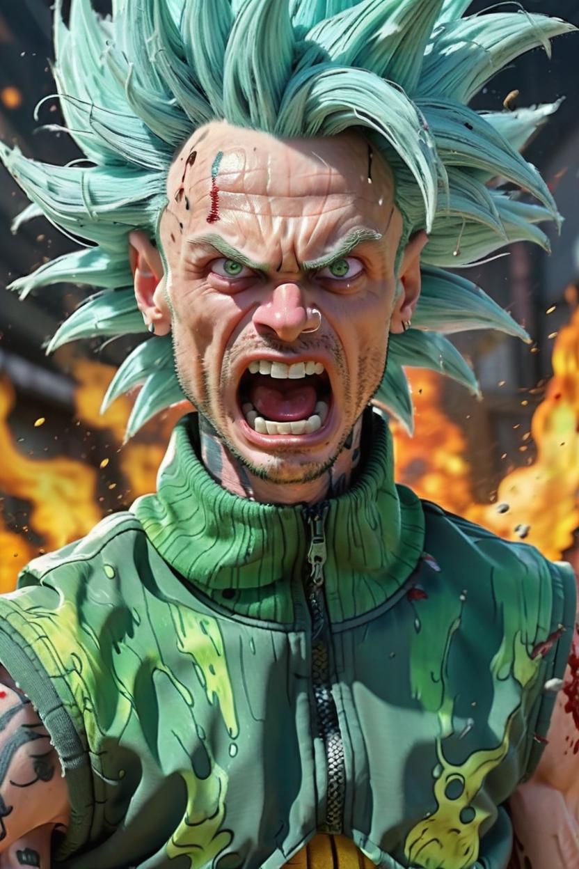 Artificial Intelligence (AI) generated image art, man, as a super saiyan god, In the style of Anime, Dragon Ball Z, art by Akira Toriyama, full body, looks like man, powering up to next saiyan level, yelling, coloured aura, highly detail, sweaty and bloody from the battle, in a battle field, 4k, Anime