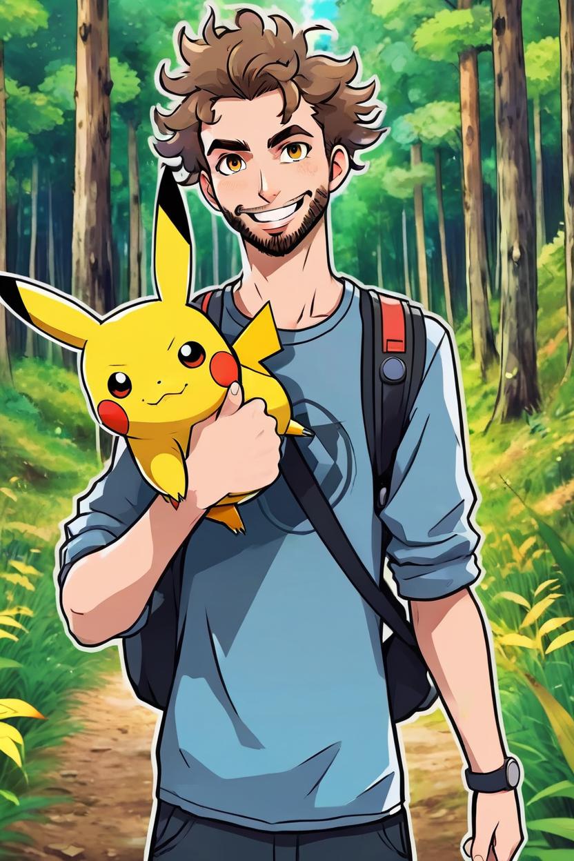 Artificial Intelligence (AI) generated image art, man, as a handsome pokemon trainer, ((anime art)), ((in style of Pokemon anime)), ((2D art)), travelling through a forest, holding his pokemon Pikachu with one arm, looking excited