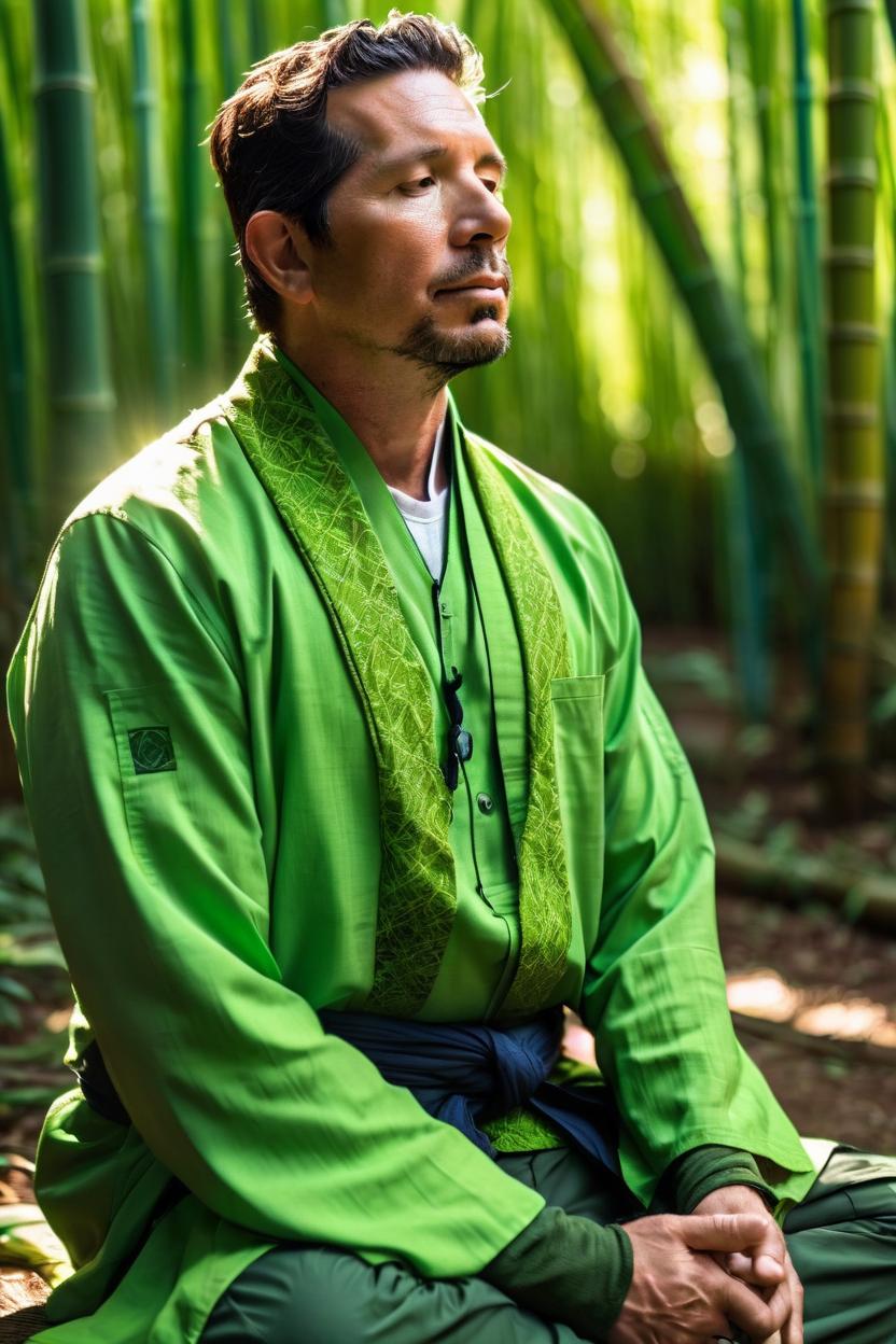 Artificial Intelligence (AI) generated image art, Create a photorealistic image man, while meditating in a bright green, sun lit forest of huge bamboo. He is wearing nature, fabric clothes. Shawn is Caucasian, athletic and healthy. This image should be cinematic with dramatic Cinema lighting. There should be a sense of mastery, wisdom and peace.