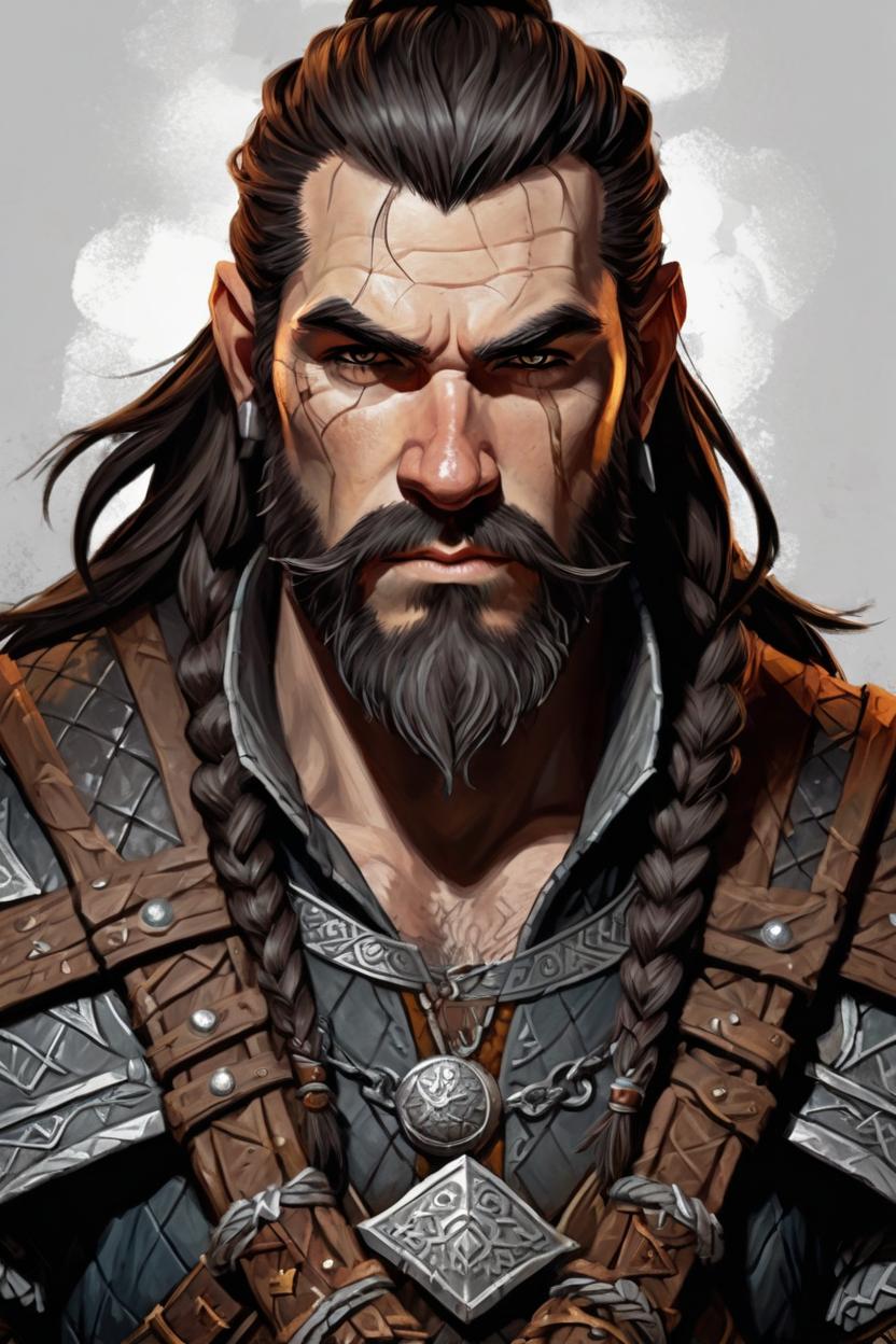 Artificial Intelligence (AI) generated image art, man, The dwarven God, Geralt of Rivia aesthetic, Braided long dark brown beard, long dark brown hair, highly detailed, Dynamic pose, Dynamic lighting, Full body image,Character portrait, Digital painting, Perfect line quality, Medieval fantasy, Perfect composition, 16K, Dark outlines, Sharp, Detailed face, RPG, Greg Rutkowski, inspired by the art of William O\'Connor, Inspired by the art of Eva Widermann, Inspired by the art of Dungeons and Dragons