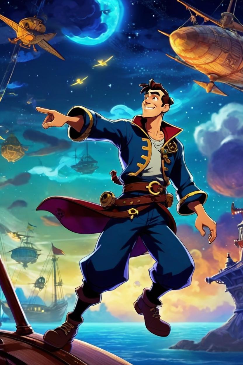 Artificial Intelligence (AI) generated image art, man, as a space pirate, night sky background, flying boats, Inspired by Disney’s “Treasure Planet”, art uses “70/30 Rule”, animated film, dynamic lighting, art by Ron Clements, art by Andy Gaskill,