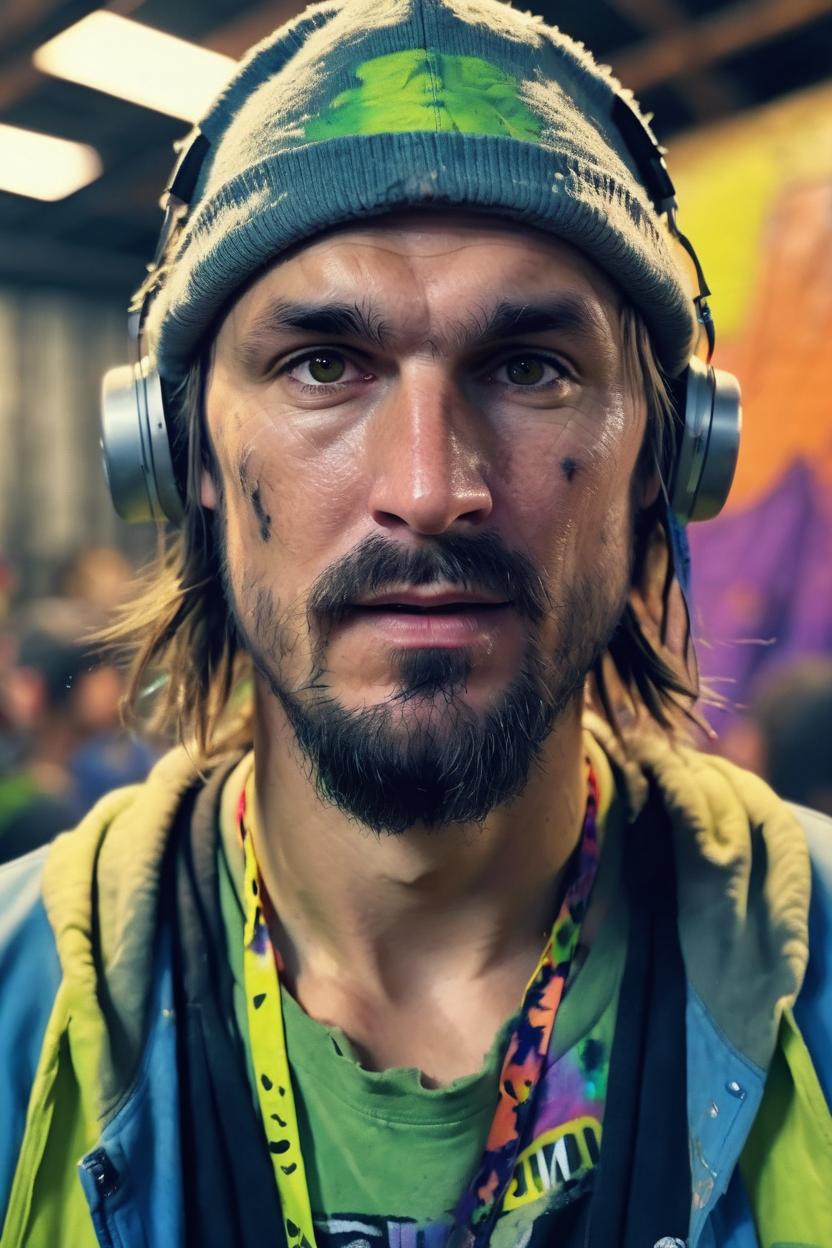 Artificial Intelligence (AI) generated image art, man as a DJ at a rave, in a warehouse, (rugged and dirty clothing), (close up), (portrait), hippie, art by greg rutkowski, 8k, (highly detailed), (photorealistic)