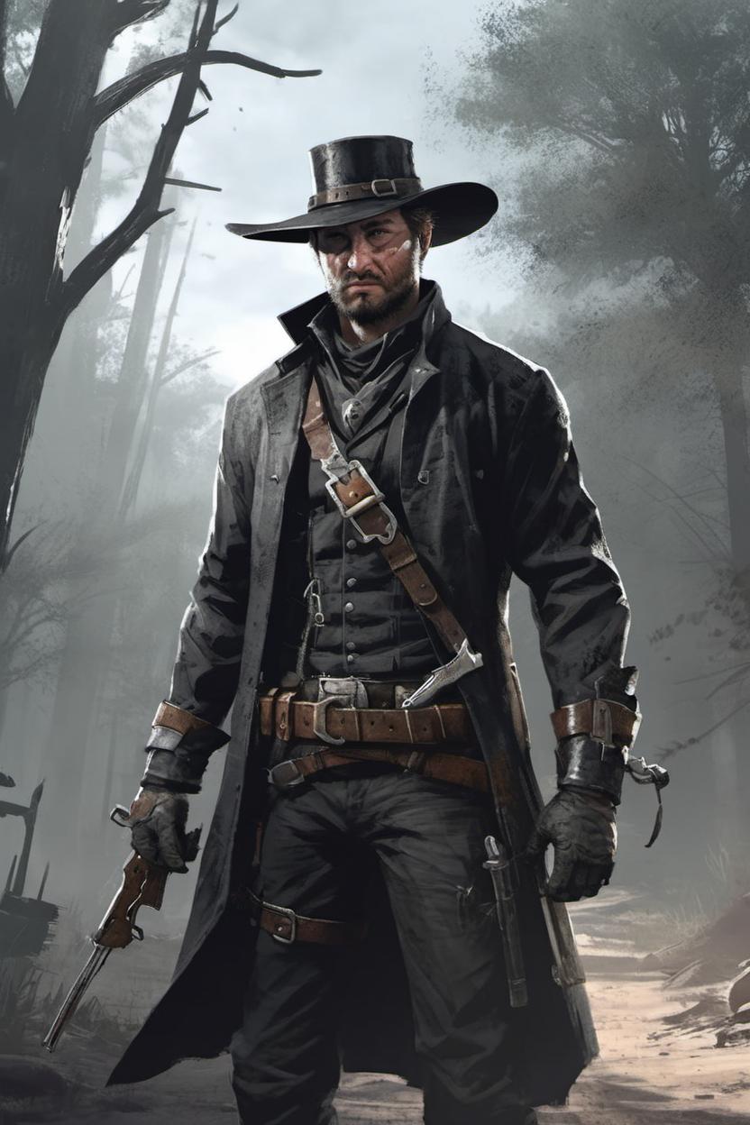 Artificial Intelligence (AI) generated image art, man, witch hunter, hunt showdown, pre-civil war era, buckle hat, saber and pistol, concept art