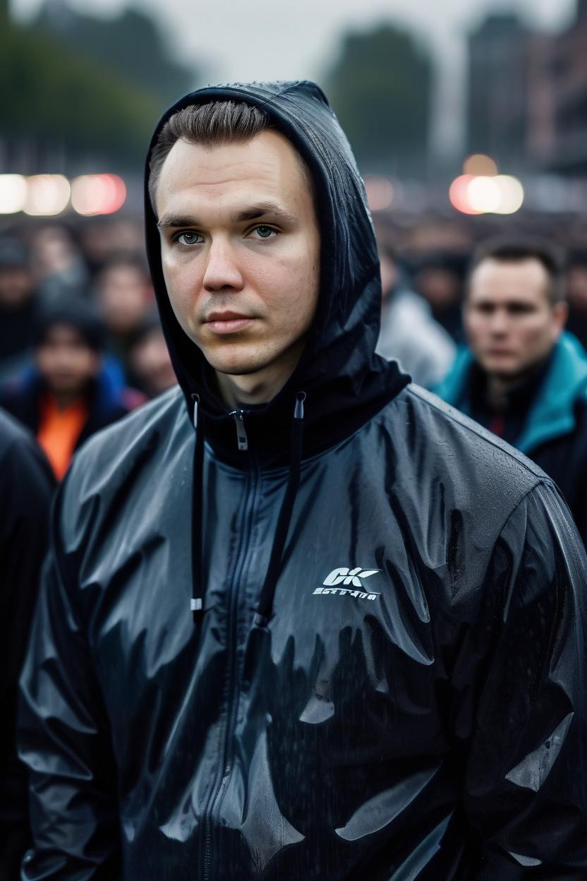 Artificial Intelligence (AI) generated image art, man “early rainy morning” candid wide-angle portrait, ((daytime lighting)), (addressing a crowd of people as far as the eye can see), photorealistic, cinematic, 8k, ultra-detailed, extremely sharp focus, dressed in dark, xl mass hoodie