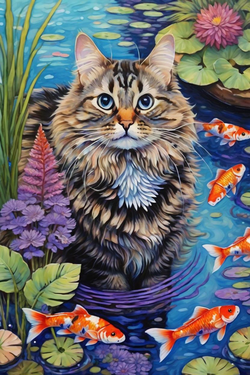 Artificial Intelligence (AI) generated image art, cat, cute, ((cat)), rescued with love, lakeside are ferns and fiddlesticks in background, purple blue red flowers spot background, intricate detailed, fine details, artsy, fantasy painting, koi pond with fish can be seen in the distance behind piepie