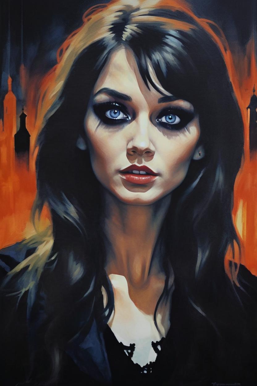 Artificial Intelligence (AI) generated image art, a poster of ((woman)) in the exorcist ( 1973 ), poster art by john carpenter, featured on deviantart, toyism, movie poster, concert poster, poster art, ((woman)) is 31 years old, black winged eyeliner on her eyelids, crazy look in her eyes, scary, (realistic likeness) to ((woman)), (hyper focused realism) (accurate portrait) of ((woman)) gothic style, horror movie art style