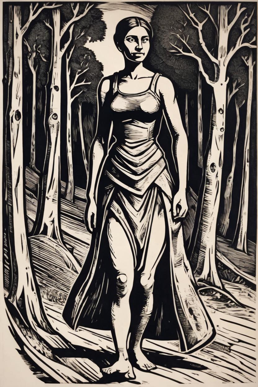 Artificial Intelligence (AI) generated image art, A remarkable (((fullbody view))) of woman in an expressive woodcut in the style of Ernst Barlach