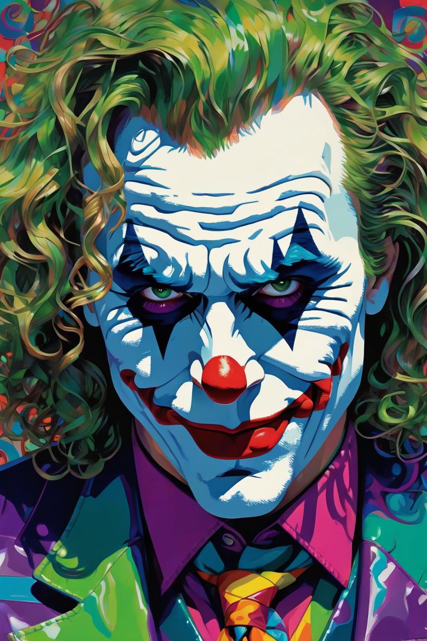 Artificial Intelligence (AI) generated image art, man as the Joker, mental breakdown, intricate, elegant, wavy, zig zag, jagged, varnished, rgb crt scanlines, highly detailed, smooth, sharp focus, award - winning, masterpiece, in the style of tom bagshaw, cedric peyravernay, peter mohrbacher, pinterest