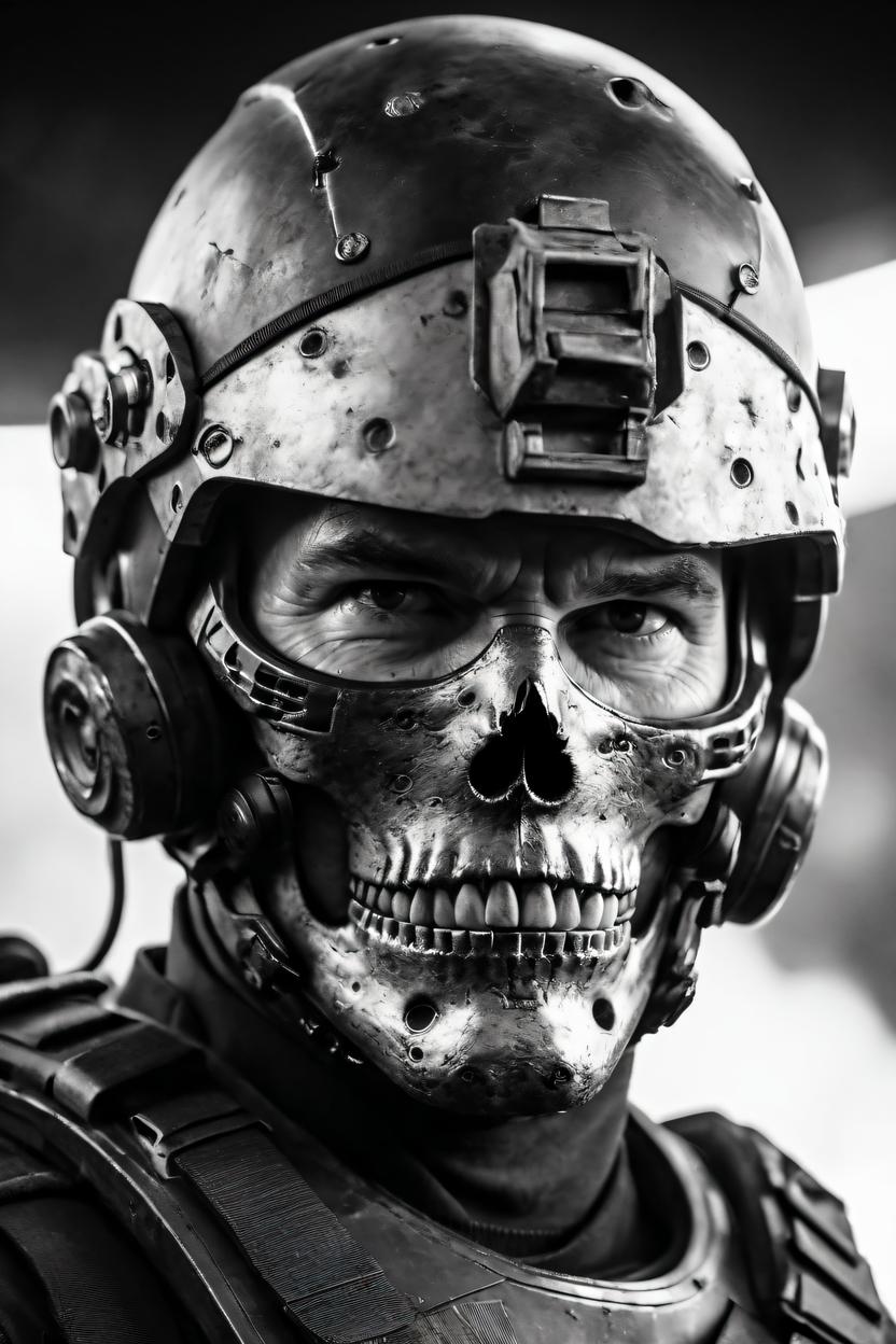 Artificial Intelligence (AI) generated image art, man, as space soldier, tactical gear and helmet, skull facemask, preparing for a fight, intense stare, black and white, grimdark, highly detailed, photorealistic, sharp focus, 8k, cinematic lighting,