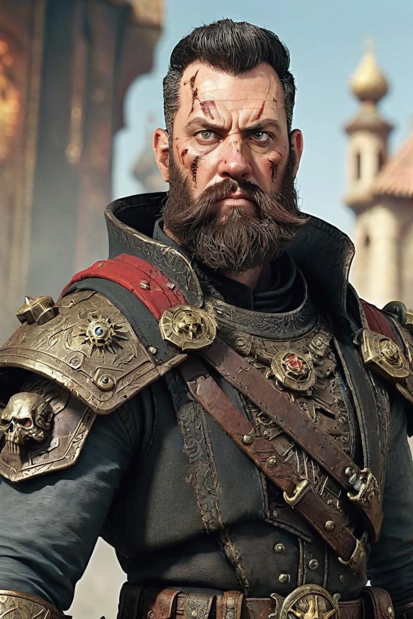 Artificial Intelligence (AI) generated image art, ((man full body handsome photo, photorealistic, at age 40, short 2mm dark beard, as Inquisitor Eisenhorn from Warhammer 40k, holding bolt pistol in right hand, radiant light, caustics, accurate head shape, accurate eye colour)), (war hero, psychedelic dmt, by Nikolaus Ingeneri)