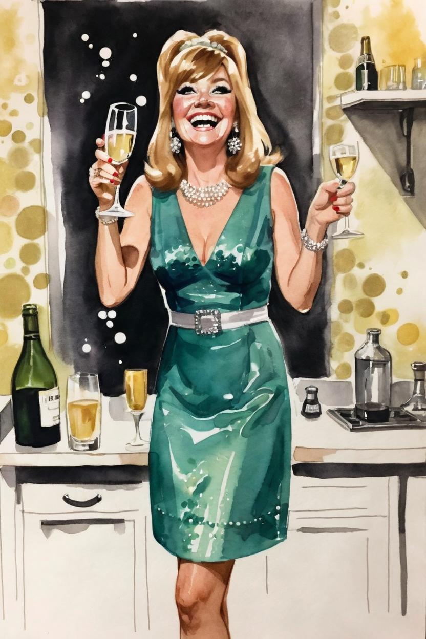 Artificial Intelligence (AI) generated image art, woman, in the style of a 60's fashion illustration, big grin, wearing a small plunging cocktail dress, holding a bottle of champagne with bubbles all around, leave room above the head