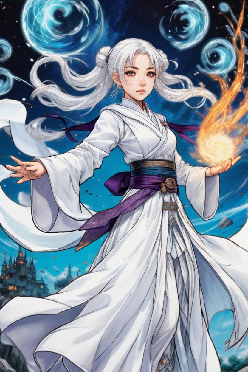 Artificial Intelligence (AI) generated image art, woman, manga concept, ink and colored pencil drawing, art by Tsukasa Abe, as Frieren the mage, HIGHLY DETAILED, frieren manga background, casting a spell, floating in the air, wearing white wizard robes, with white hair in pigtails, in a magical battle