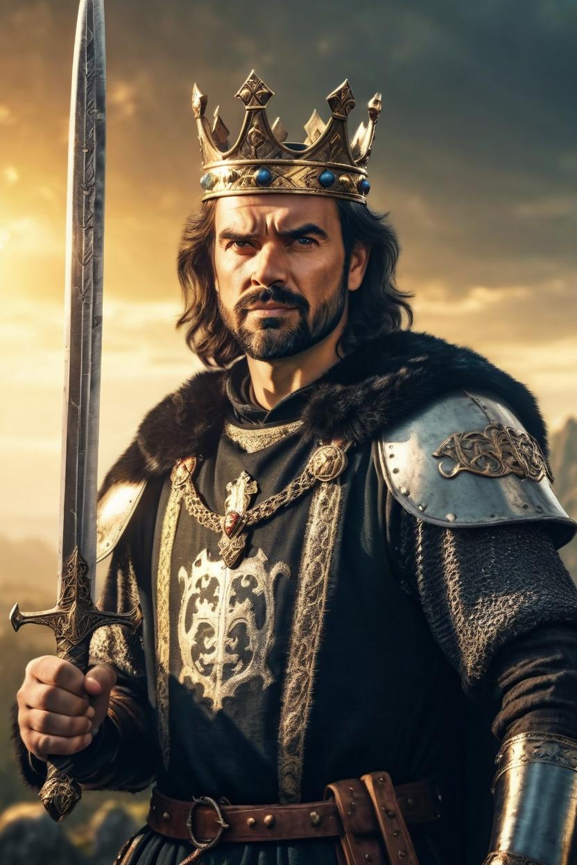 Artificial Intelligence (AI) generated image art, man, medieval King Arthur with a crown and sword, photo-realistic image, 4k, golden hour, epic scene, cinematic lighting