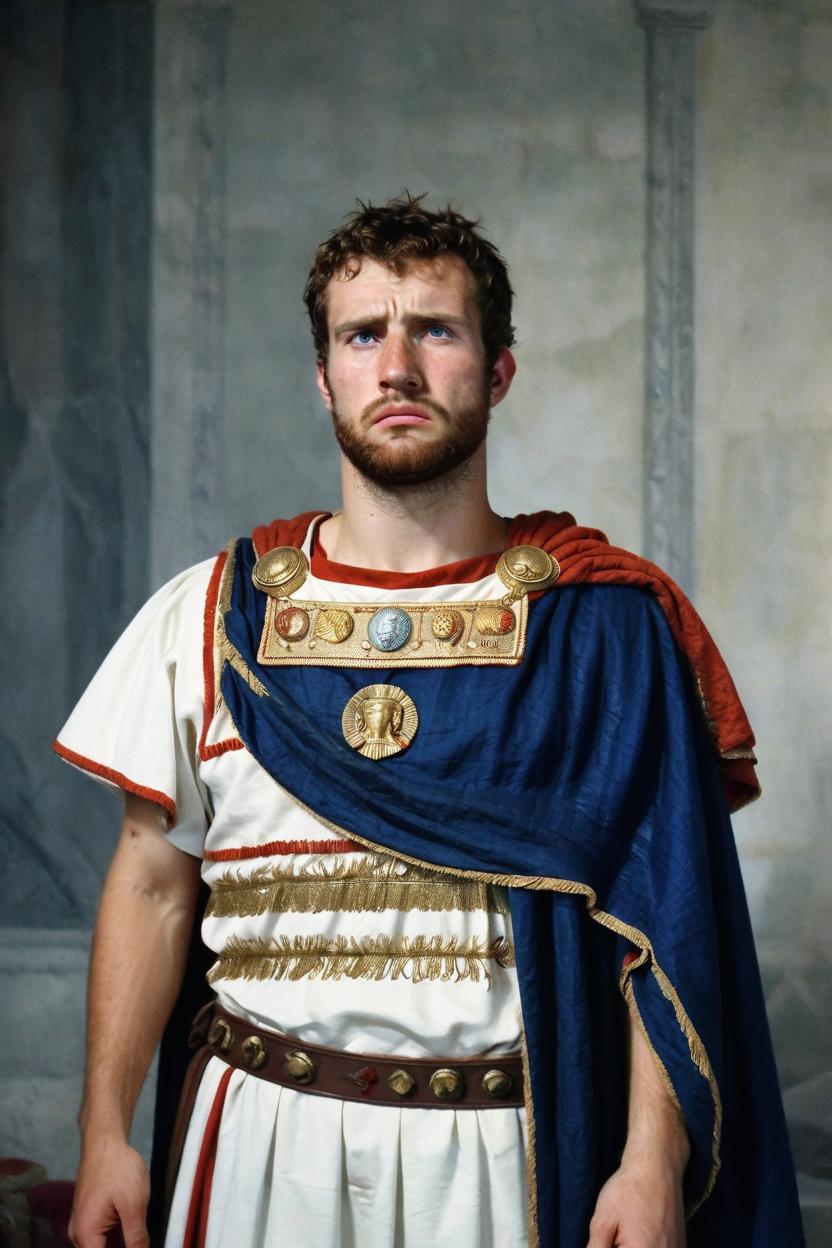 Artificial Intelligence (AI) generated image art, man, on a royal portrait, as a roman emperor of ancient rome, wearing an ancient, roman, man's gown, looking displeased