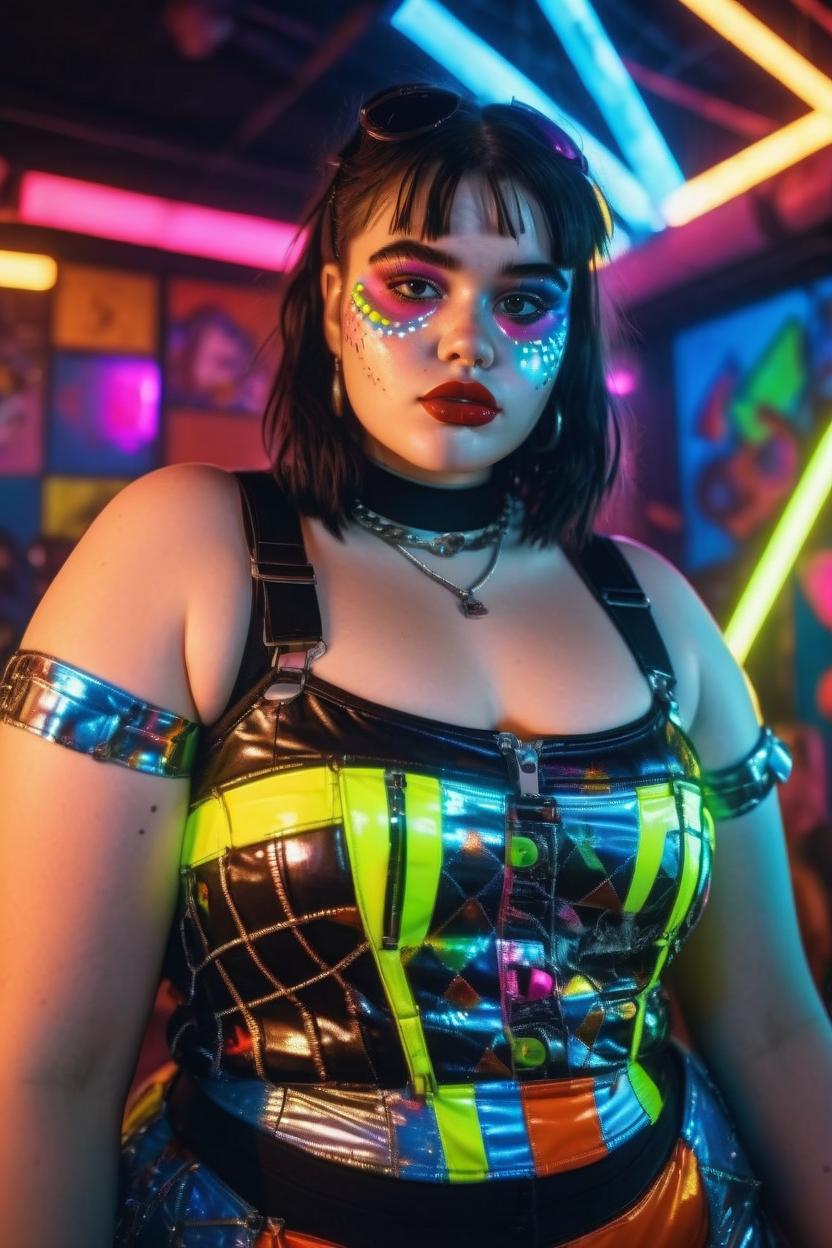 Artificial Intelligence (AI) generated image art, woman, in 80 alternative club kid style clothing, backlit by neon club lighting, wide angle, chubby, 4k, intricate detailed, ultra detailed, maximalism, pagliacci makeup