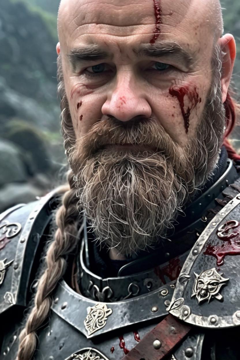 Artificial Intelligence (AI) generated image art, ..,man portrait, warrior, blood spattered battle armor, mid shot angle, looking at camera, cinematic lighting, ethereal, rugged, long braided beard, "in style of Lord of the Rings"