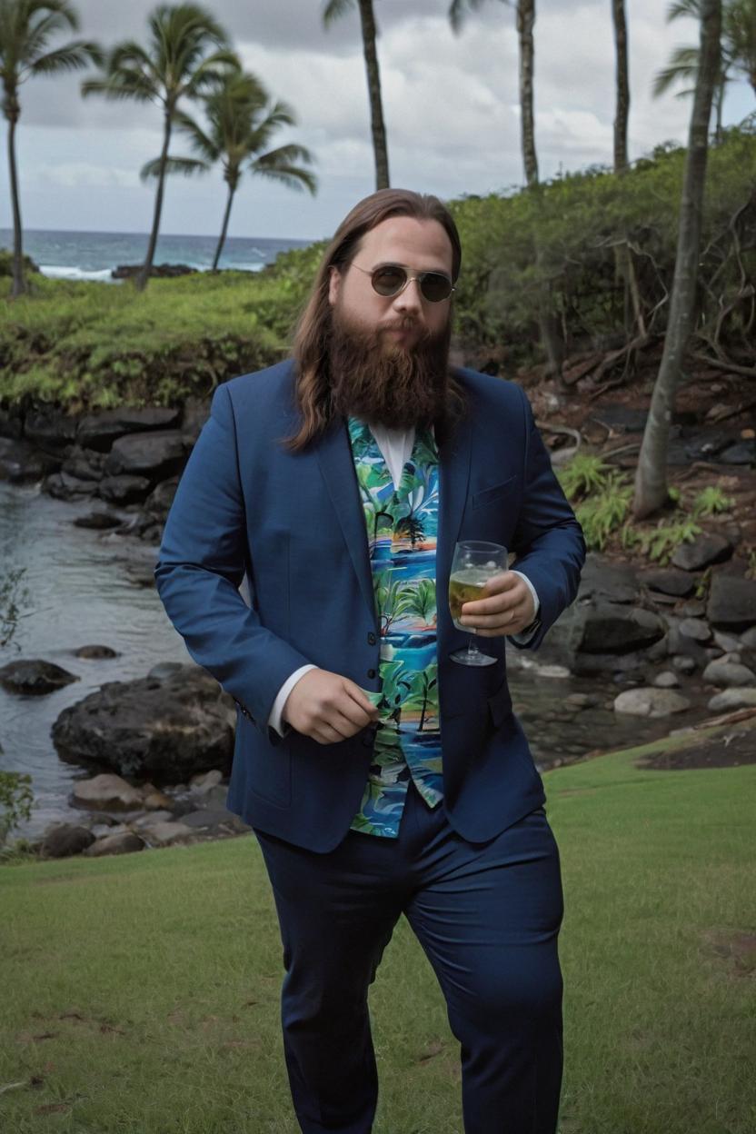 Artificial Intelligence (AI) generated image art, man, portrait, in hawaii, Shot on Hasselblad H6D-400c lens, copy Sisley Spring Summer 2014 campaign session with more of a vogue or fancy gentleman style clothes, ultra high definition, ultra-realism, ultra realistic, young, handsome, gentleman