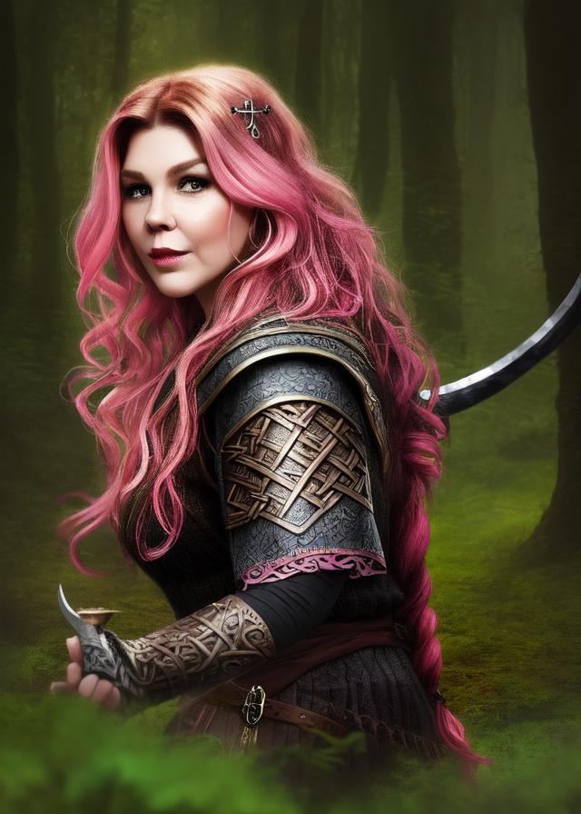Artificial Intelligence (AI) generated image art, person as a slender stunning fantasy (viking warrior), woodland back ground, medium-length pink wavy hair, highly detailed stunning digital painting art