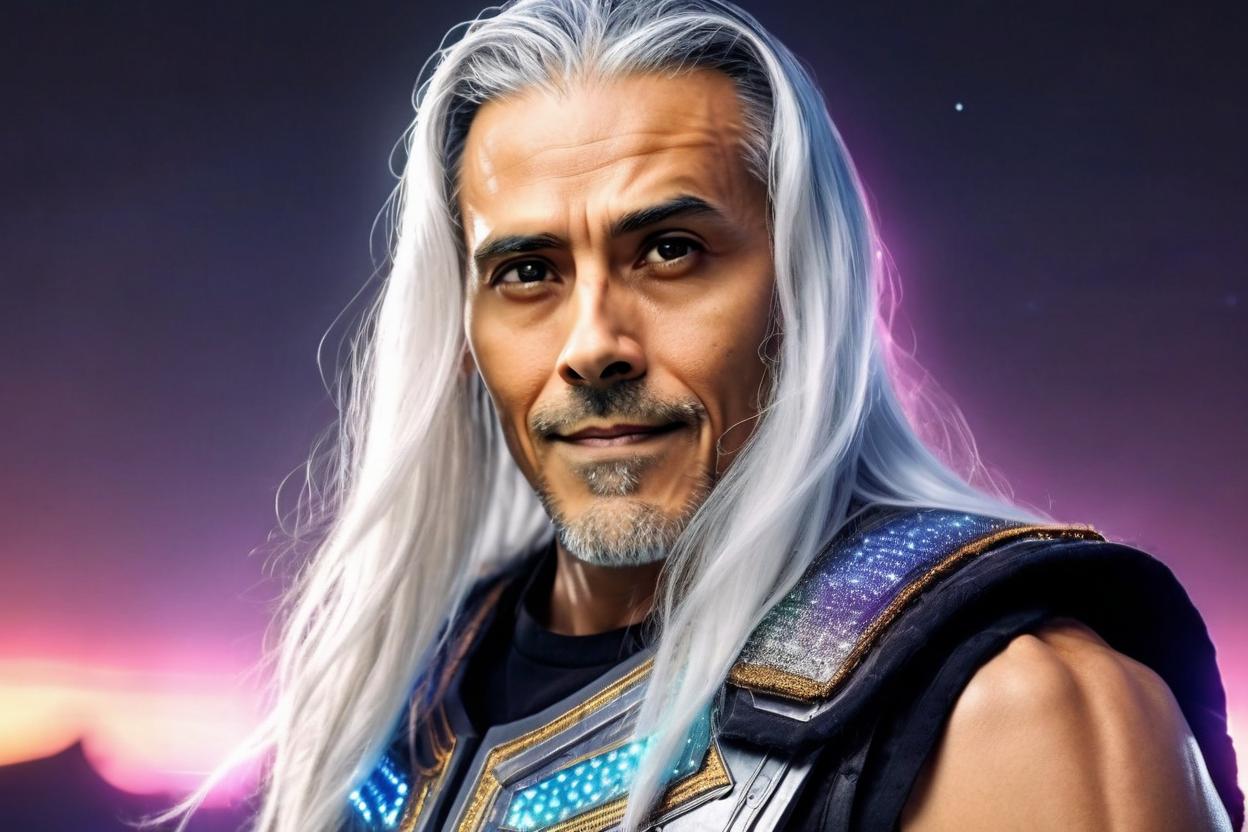 Artificial Intelligence (AI) generated image art, man, in a High definition landscape half body portrait as a Futuristic celestial young man with long flowing white hair and a full white beard, smooth golden radiant luminescent glowing skin, radiant eyes, muscular arms, in an futuristic vest of armor laced with colorful LED strip lighting vest, ultrarealistic, 4k, Photo grade, hyper-realistic, fine detailed, masterpiece with a heavenly backdrop, bright cinema lighting