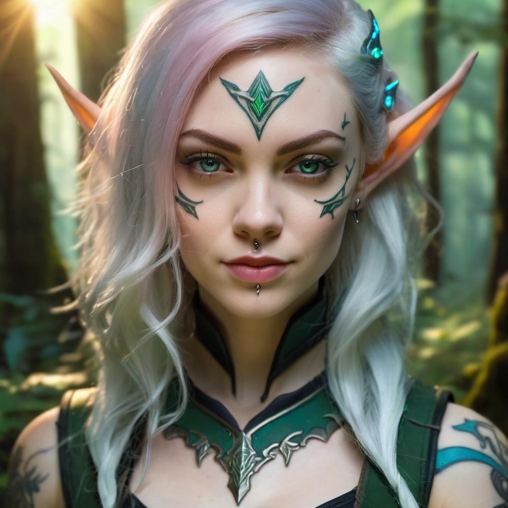 Artificial Intelligence (AI) generated image art, woman, ((portrait)), fantasy wood elf, (pointy elf ears, pale skin, small forehead tattoo)), ((fantasy ranger)), long highlighted hair, close up, facing front, dnd art, (art by Greg Rutkowski), highly detailed, sharp focus, 4k, ((in a forest)), (((magic glow)))