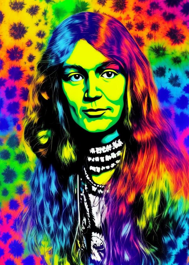 Artificial Intelligence (AI) generated image art, (person), ( ( dither ) ), portrait, (person) is 9 years old , editorial illustration public speaking, modern art deco, colorful rainbow tyedye effect, 60s era, trippy, (person) is in a pshycodelic timewave,1960s Jefferson airplane style hippie, flower power, (realistic likeness) to (model person) Beatles artwork, hippie art style