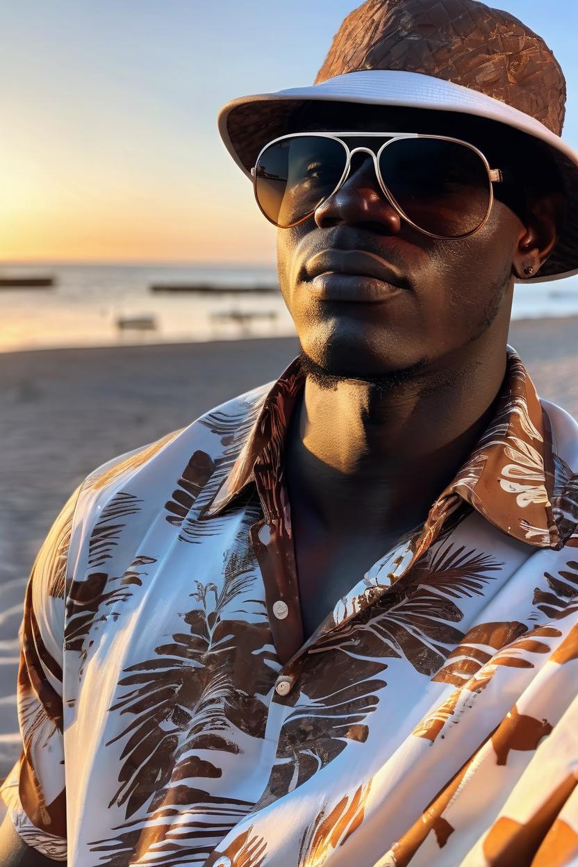 Artificial Intelligence (AI) generated image art, man, lazying by the beach wearing oversized sunglasses in a gradient brown, Chanel CH4216, luxurious, modern, face turned partially away from the camera, wearing flowery summer beach shirt and a bucket hat, during a serene dusk. Extremely detailed photograph, stunning quality, beautiful lighting, creating a masterpiece, award-winning photograph
