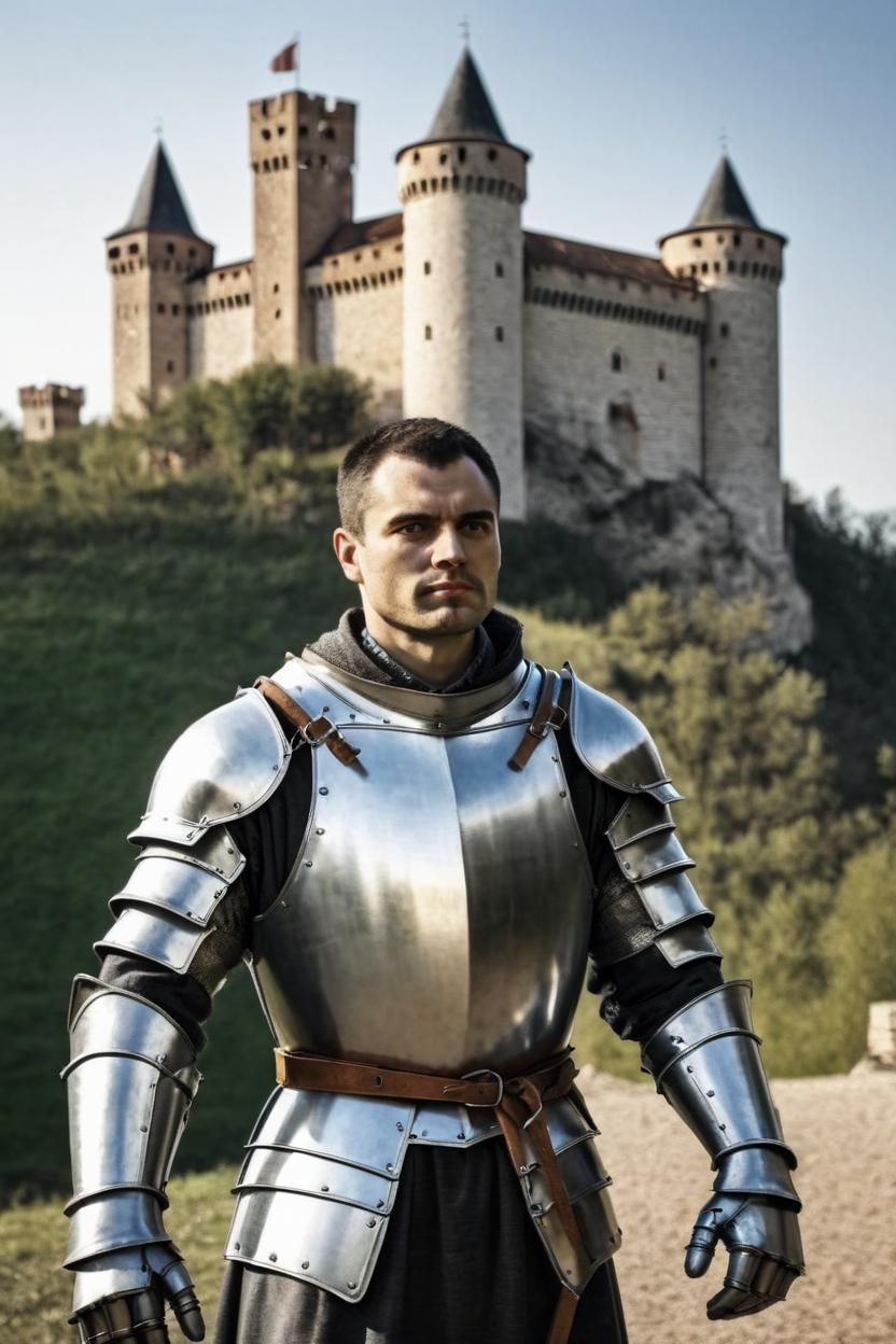 Artificial Intelligence (AI) generated image art, man, as a knight with a castle as background