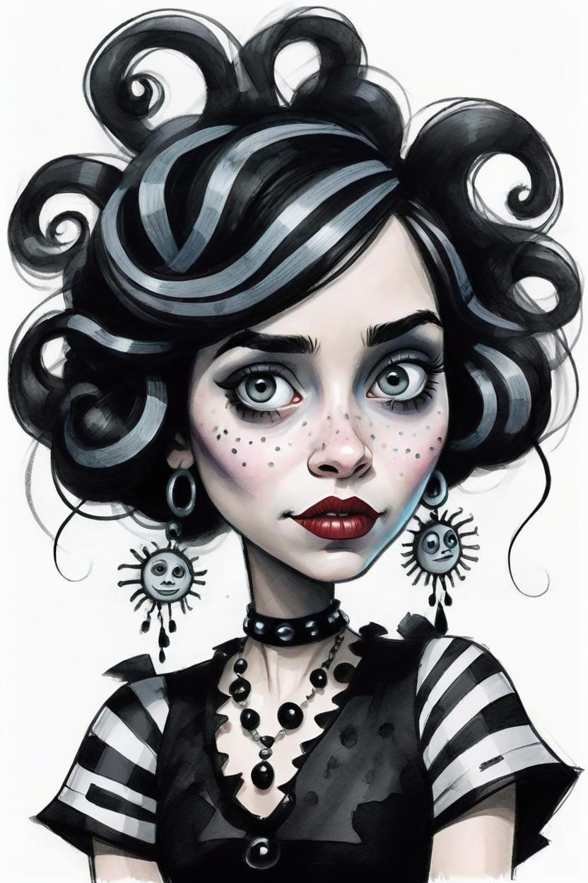 Artificial Intelligence (AI) generated image art, A cartoon portrait of woman in the style of Tim Burton